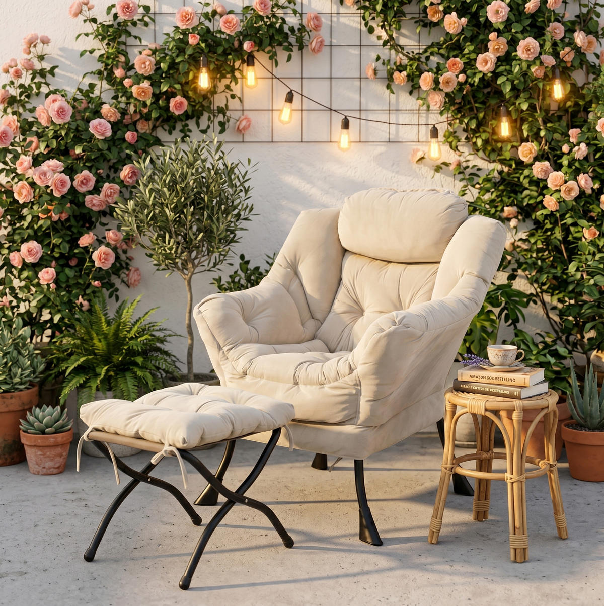 SESSEL mit Hocker in Beige mit Seitentasche und gepolsterten Armlehnen,72/80/93 cm - Beige, Metall (72/93/80cm) - BEAOK