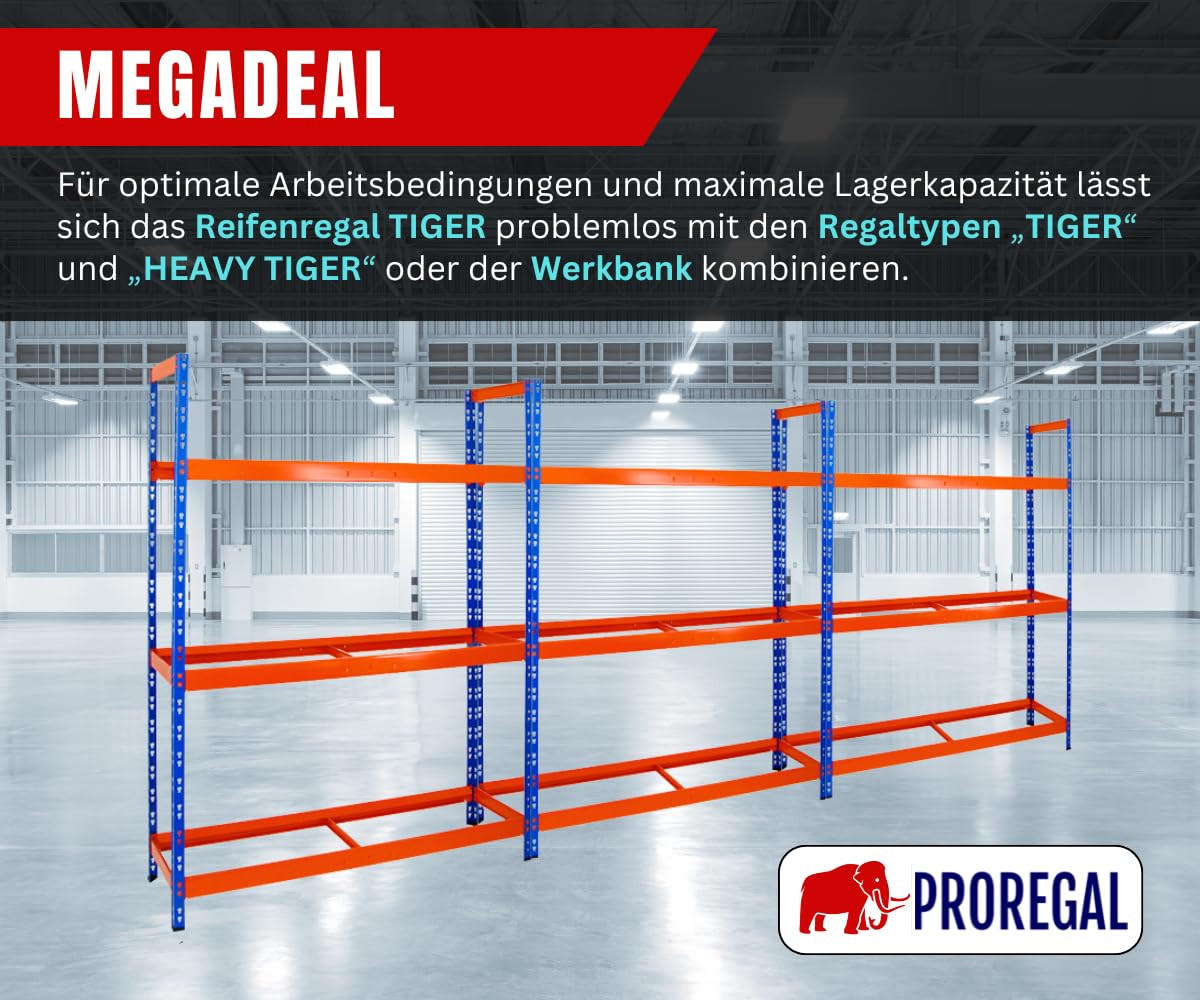 REIFENREGAL Tiger XL 200x150x45 cm 300 kg Fachlast bis zu 18 Reifen auf 3 Ebenen Blau/Orange - Blau/Orange, Metall (150/200/45cm) - PROREGAL