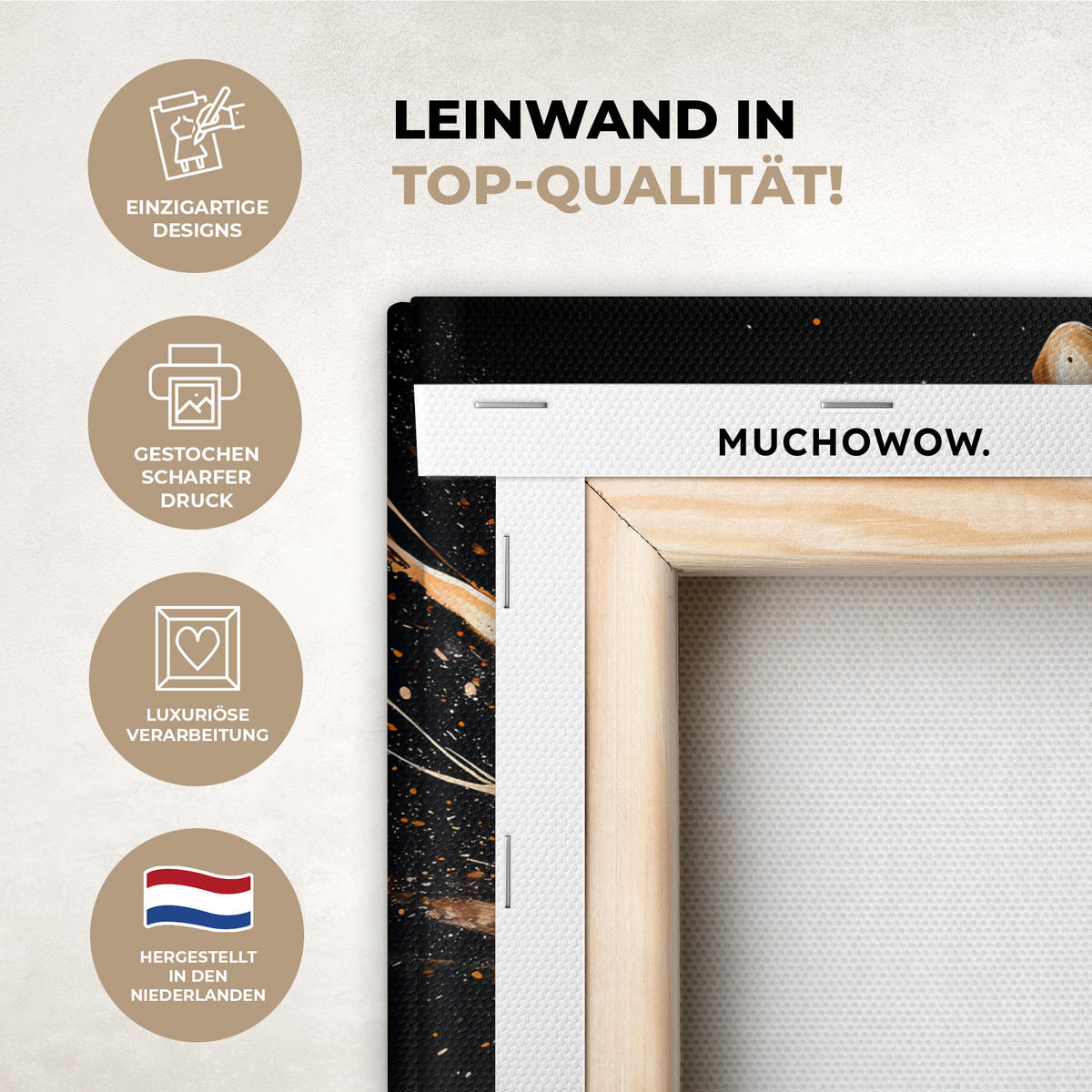 LEINWANDBILD Blumen - Gold - Graffiti - Schwarz - Abstrakt 30x20 cm - Cappuccino, Textil (30/20cm) - MuchoWow