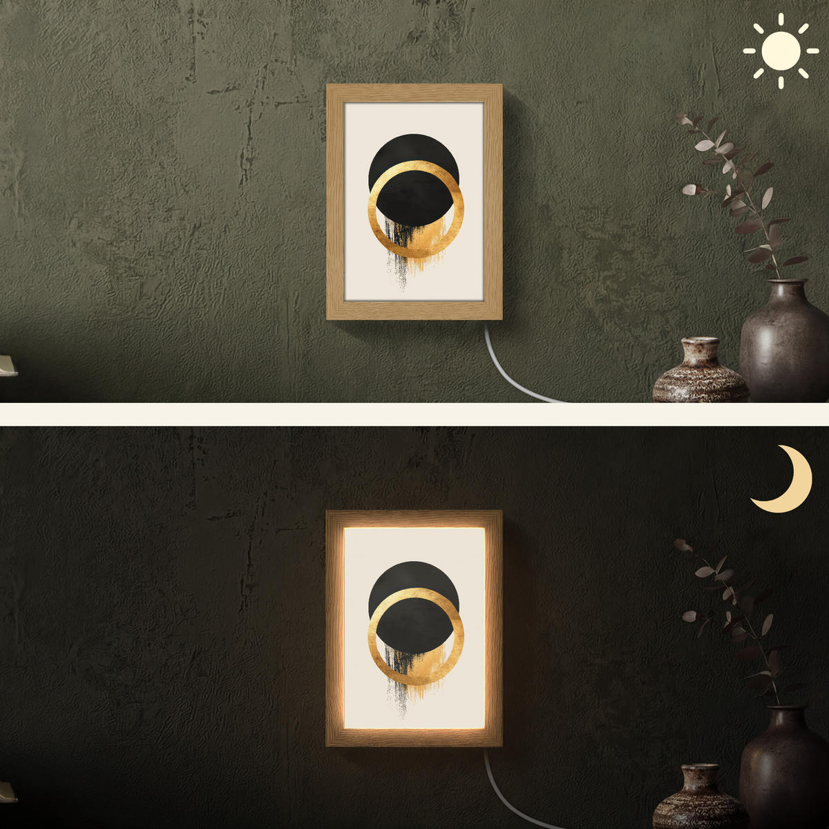 NÁSTĚNNÁ LAMPA Abstraktní design - Černý kruh - Skvrny od barvy 15x20 cm - krémová, kompozitní dřevo (15/20/8cm) - OnlyWow