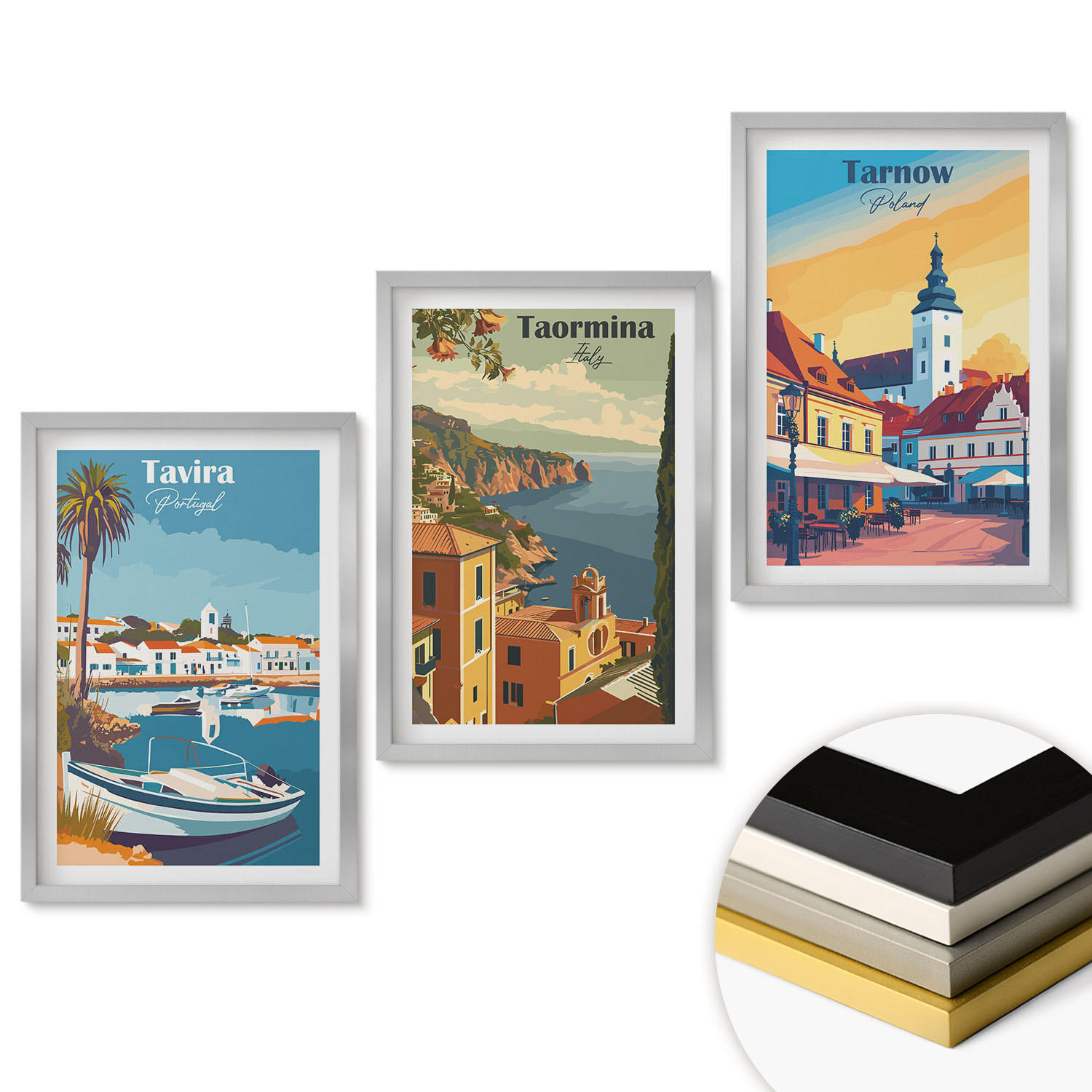 WANDBILDER 3er Set - 40x60 cm Silberner Rahmen - Ansichten von Küstenstädten - Silberfarben, Kunststoff (40/60cm) - ArtPrintCave