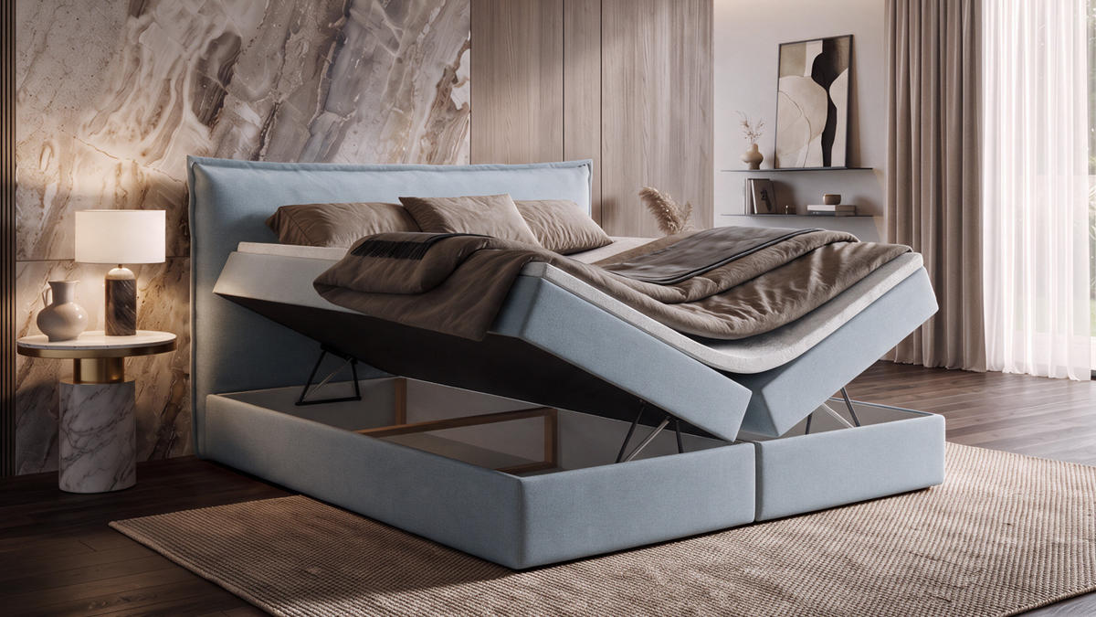BOXBETT ARENO 200x200 cm Komplett-Set mit Bettkasten, Bonell-Matratze H3 und Topper - Hellblau - Hellblau, Textil (200/200cm) - Luxkor24