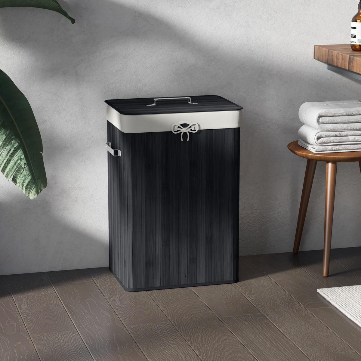 WÄSCHEKORB Wäschetruhe Wäschebox Wäschesammler Eckig Bambus 72 L Schwarz - Schwarz, Naturmaterialien (30/60/40cm) - HOMCOM