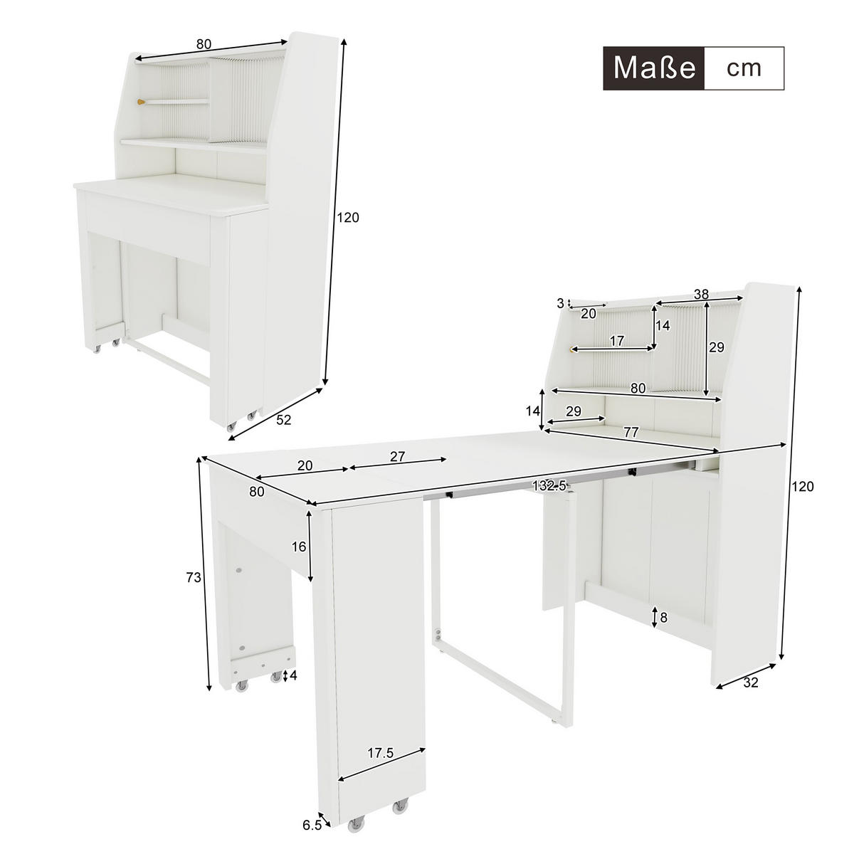 AUSZIEHTISCH 52-132,5/80/76 cm in Weiß – mit Stauraum und Glasfach - Weiß, Holzwerkstoff (80/52/76cm) - BEAOK