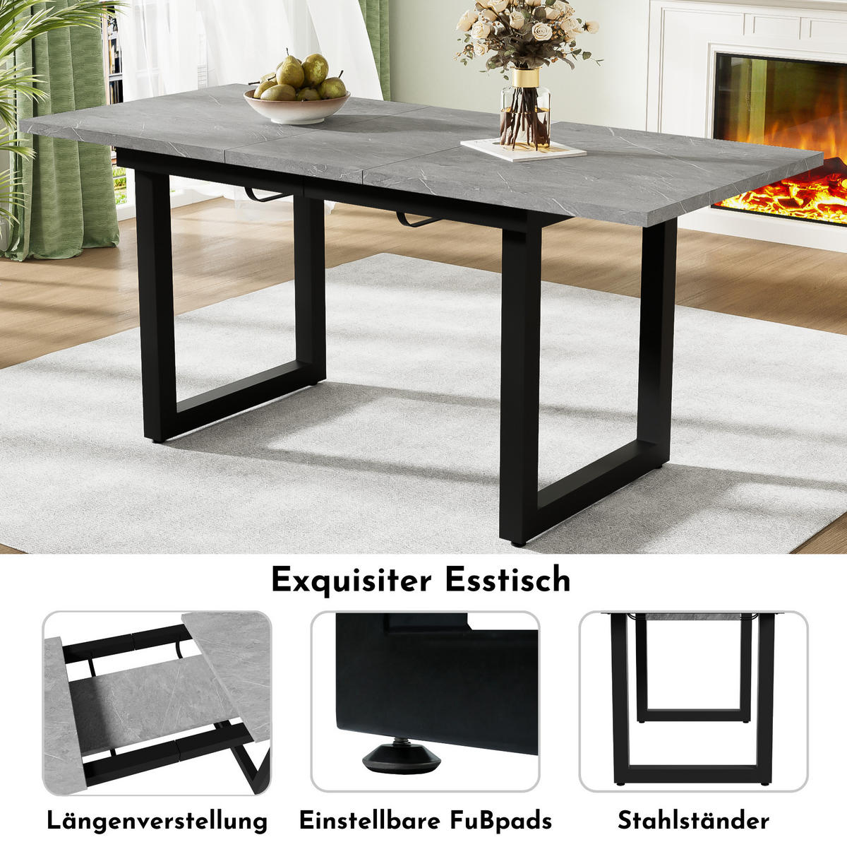 ESSTISCH in Grau und Schwarz moderner einfacher Esszimmertisch aus Eisen für Esszimmer, B140/T80/H75 cm - Schwarz/Grau, Holzwerkstoff/Metall (80/180/75cm) - STILVORA