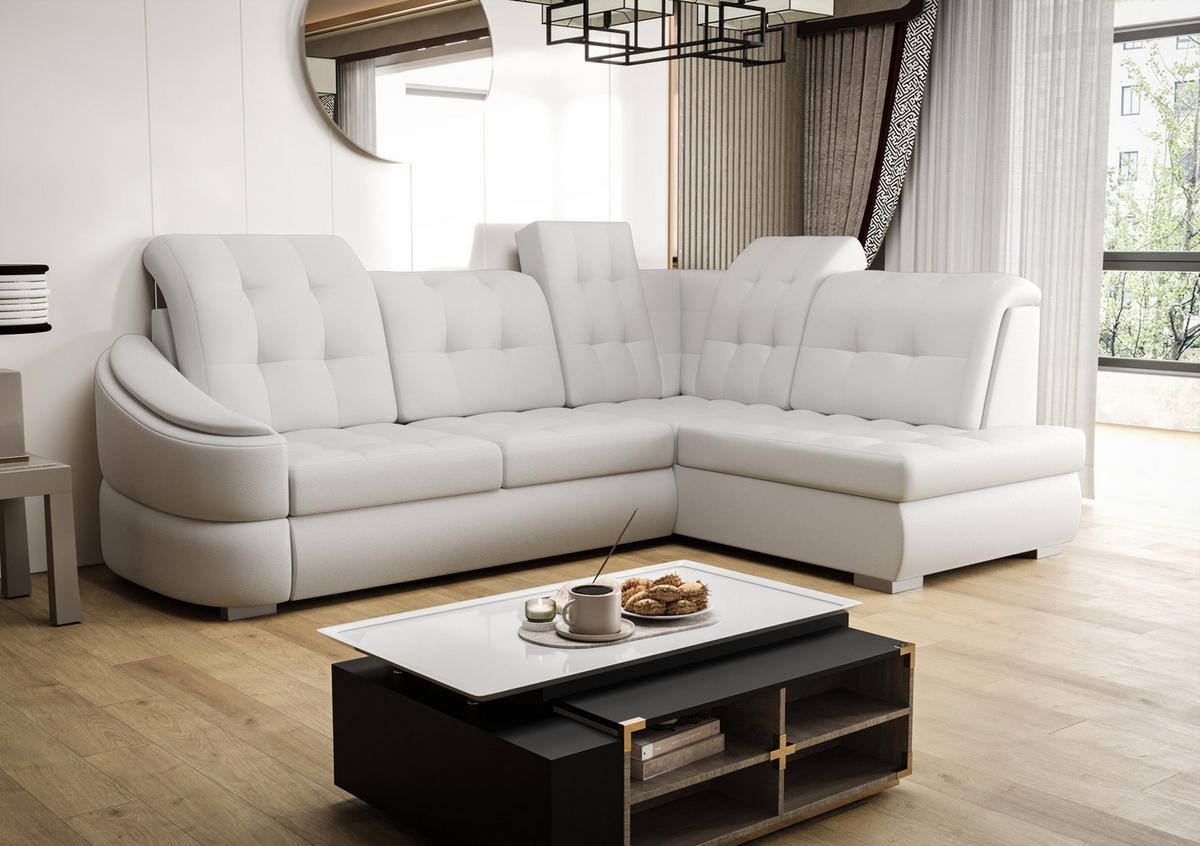 ECKSOFA KONGO RBN09, Eckcouch in L-Form mit Schlaffunktion, Farbe: Weiß, Kunstleder, Ottomane Rechts - Weiß, Textil (260/180cm) - O-Sofa