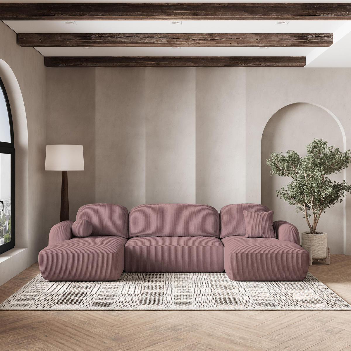 ROHOVÁ SEDAČKA SAVONA fialová - černá/fialová, dřevo/textil (320/148cm) - MASSENO
