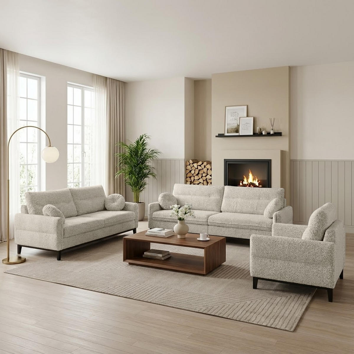 SITZGARNITUR Belweder, zwei Sofas+Sessel, Beige, Bouclé - Wengefarben/Champagner, Holz/Textil (268/95/94cm) - Beautysofa
