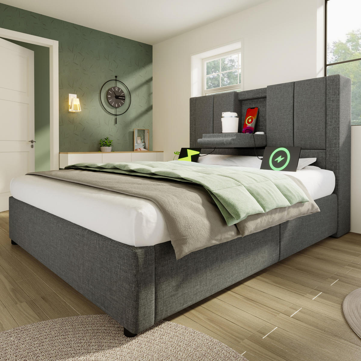POLSTERBETT 90/200 cm aus Leinen mit Stauraum Ladestation und Becherhalter Grau - Grau, Textil (90/200cm) - Modenvie