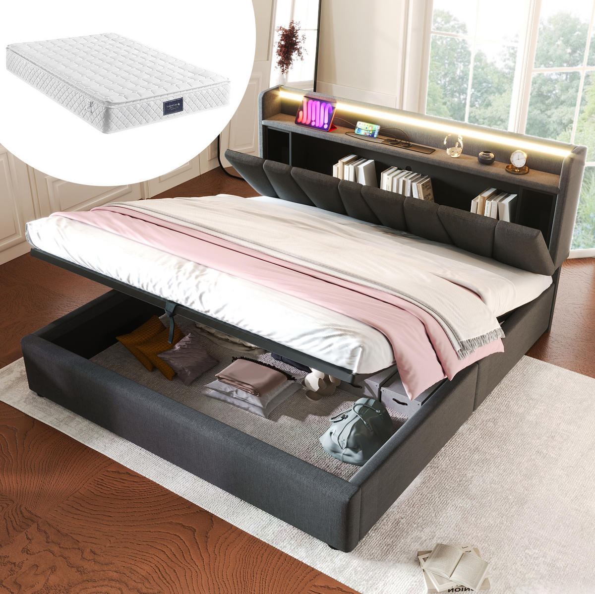 POLSTERBETT 160/200 cm Grau aus Leinen mit Stauraum-Kopfteil und LED-Beleuchtung - Grau, Textil (160/200cm) - OKMYHOME