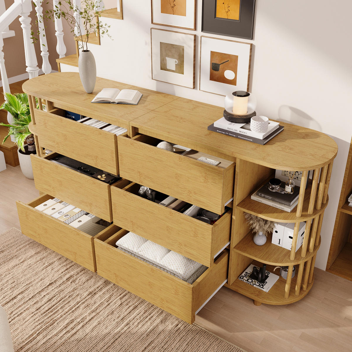 SIDEBOARD Oak 160/40/75 cm mit 6 Schubladen und offenen Regalen - Eichefarben, Naturmaterialien (160/75/40cm) - PANGIVO