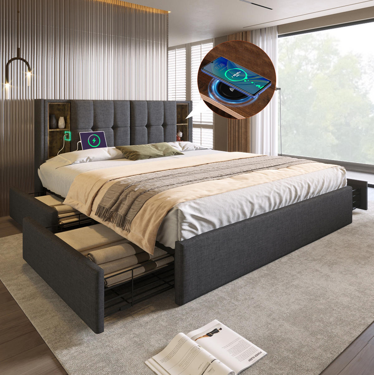 BETT mit kabellosem Laden & 4 Schubladen 160x200 cm Leinen Grau mit Matratze - Grau, Metall (160/200cm) - Meubliv
