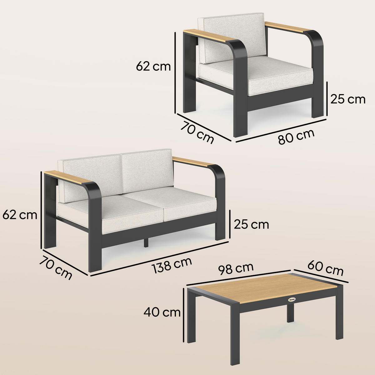GARTENMÖBEL-SET 4er Set Aluminium WPC Beige - Beige/Anthrazit, Textil/Metall - Outsunny