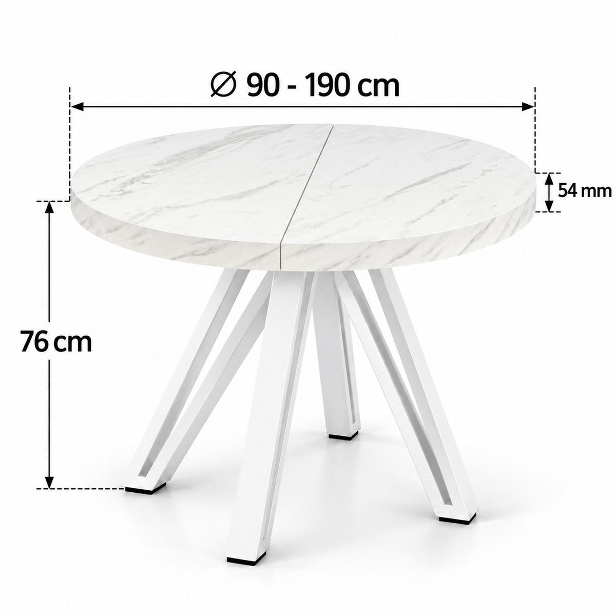 ESSTISCH rund ausziehbar 90/190/76 cm, Marmor, 54 cm Tischplatte + Industrial-Metallgestell Weiß - Hellgrau/Weiß, Holzwerkstoff/Metall (90/190/76cm) - Damale Möbel