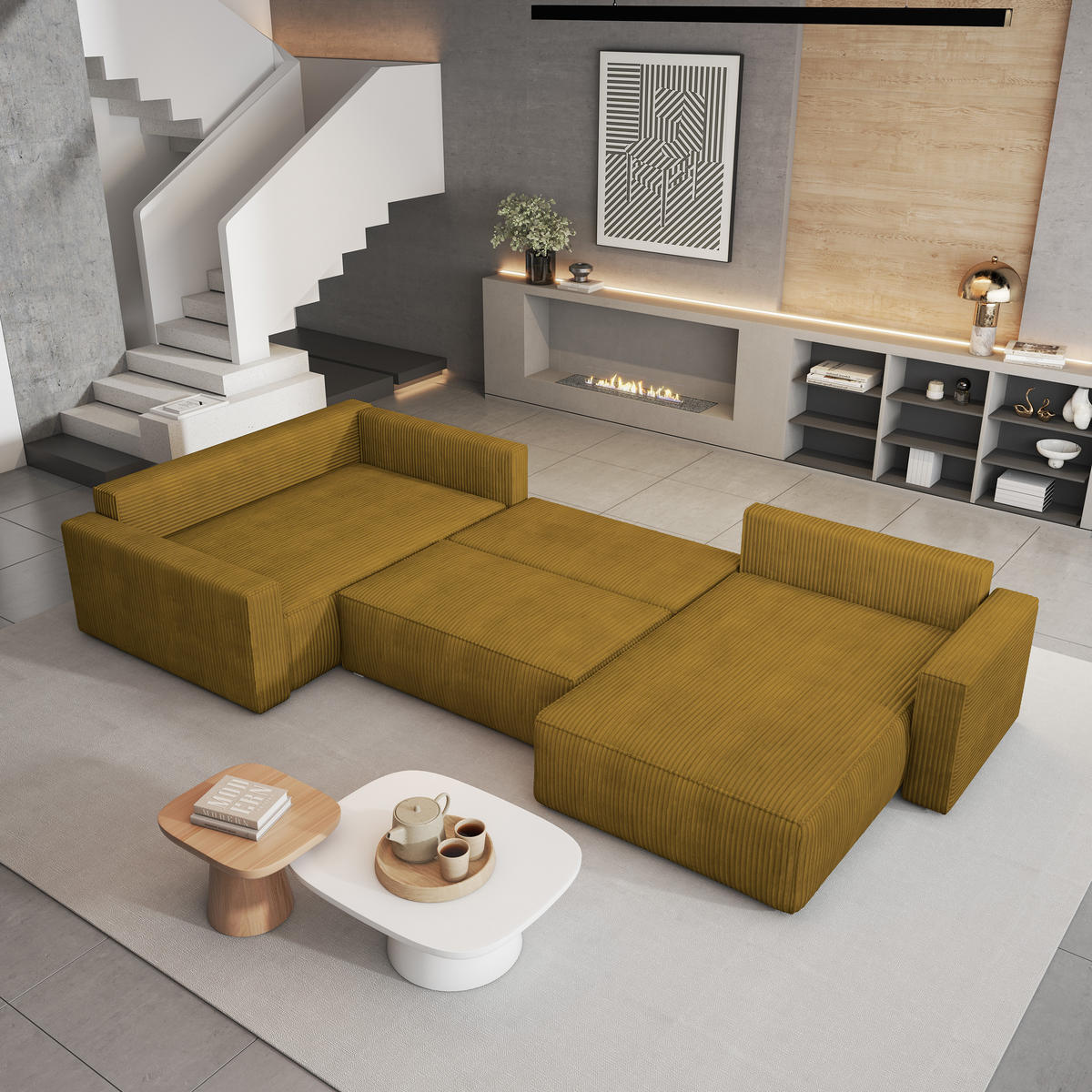 WOHNLANDSCHAFT VELAMI L-S Gelb Kordstoff mit Schlaffunktion - Gelb, Holz (365/83/194cm) - MASSENO