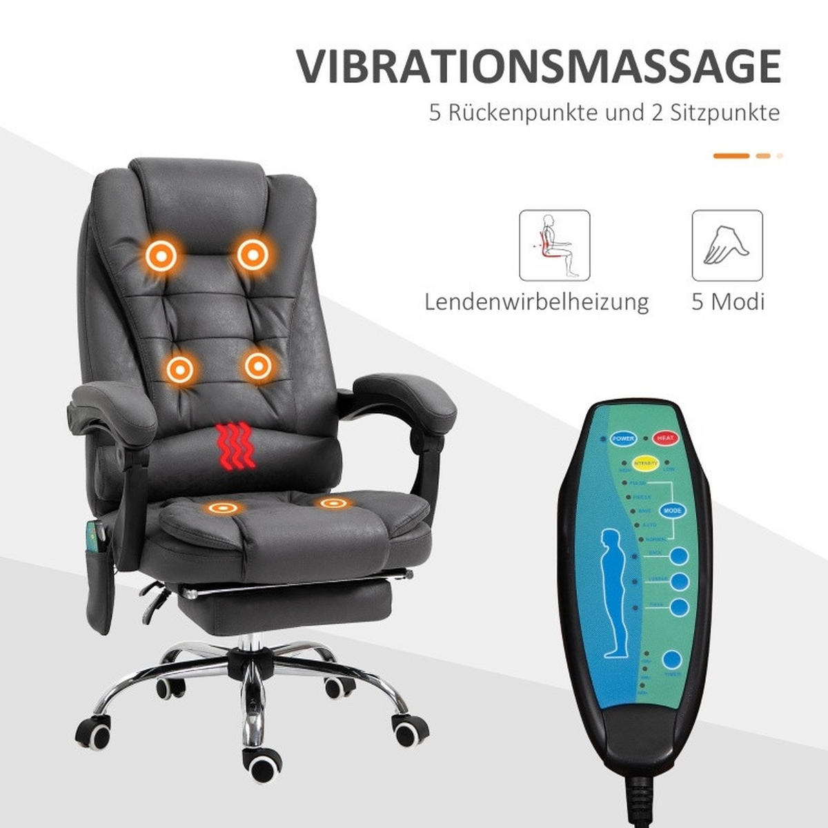 BÜROSTUHL in Dunkelgrau 70x65x119 cm mit Massage- und Heizfunktion sowie Fußstütze - Dunkelgrau, Textil (65/119/70cm) - IVMEU