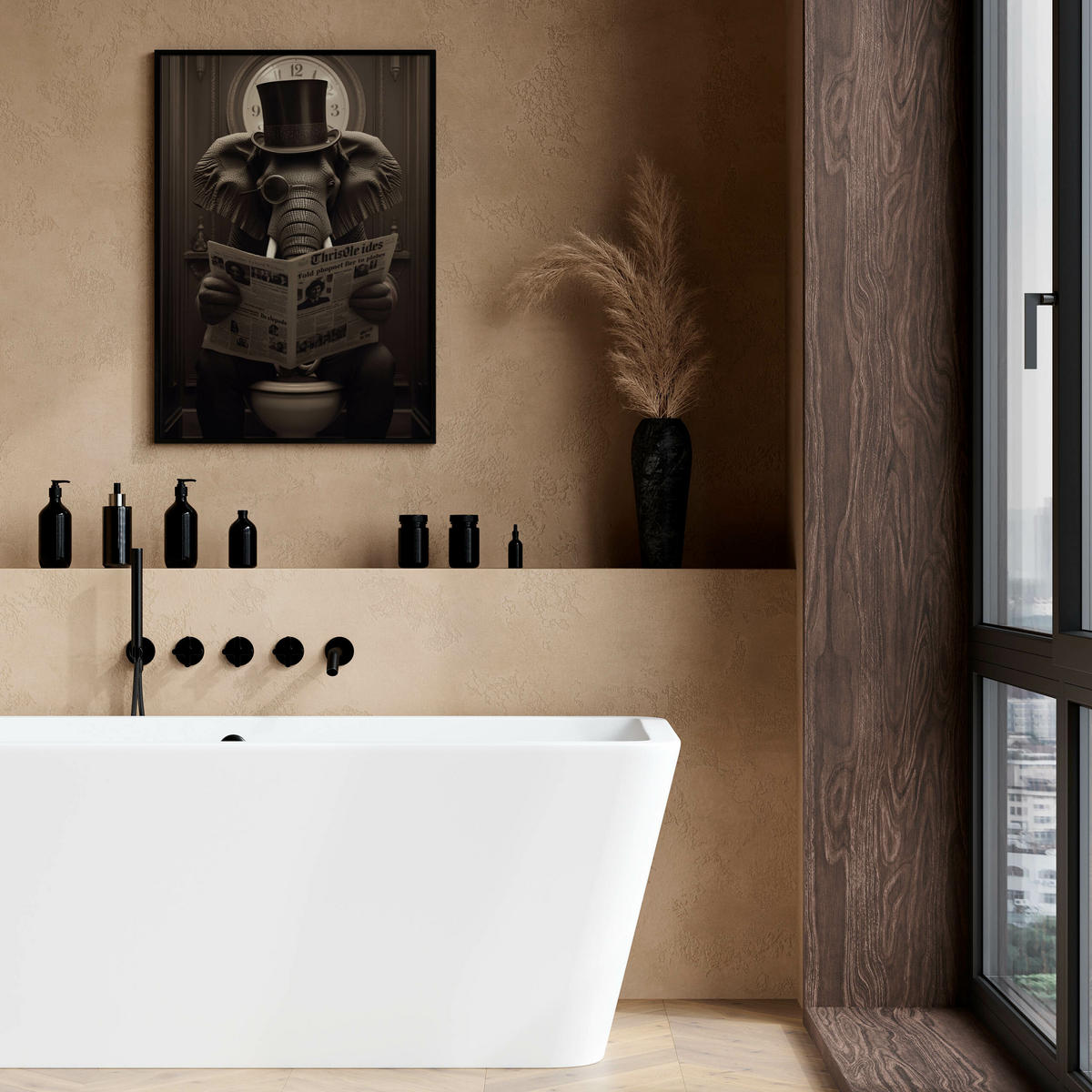 POSTER für WC Badezimmer ELEFANT in Toilette Retro Zeitung Abstraktion 30x40cm - Beige/Schwarz, Papier (30/40/40cm) - Muralo