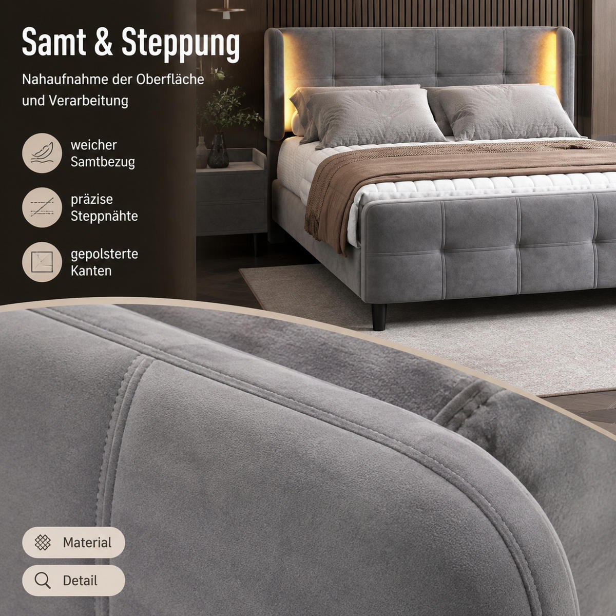 POLSTERBETT 140/200 cm Grau aus Samt mit LED-Beleuchtung - Grau, Textil (140/200cm) - OKMYHOME