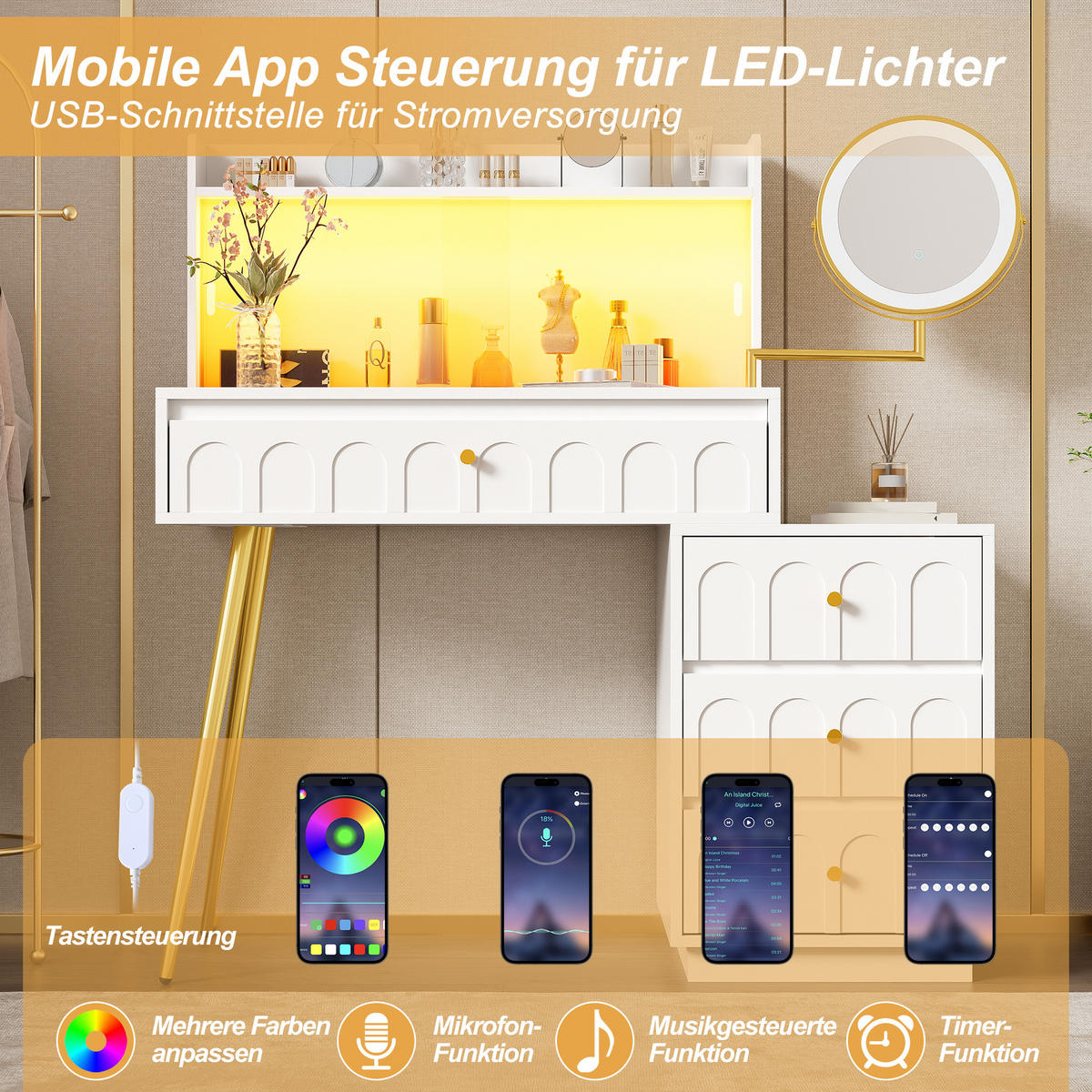 SCHMINKTISCH in Weiß Frisiertisch mit LED-Spiegel und 4 Schubladen für Schlafzimmer, B112/T40/H116cm - Transparent/Goldfarben, Holzwerkstoff/Metall (112/116/34.5cm) - STILVORA