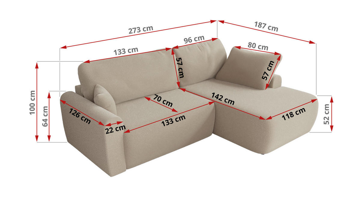 ECKSCHLAFSOFA CUBO L Beige Boucle - rechts - Beige/Schwarz, Kunststoff/Textil (187/273cm) - MKS