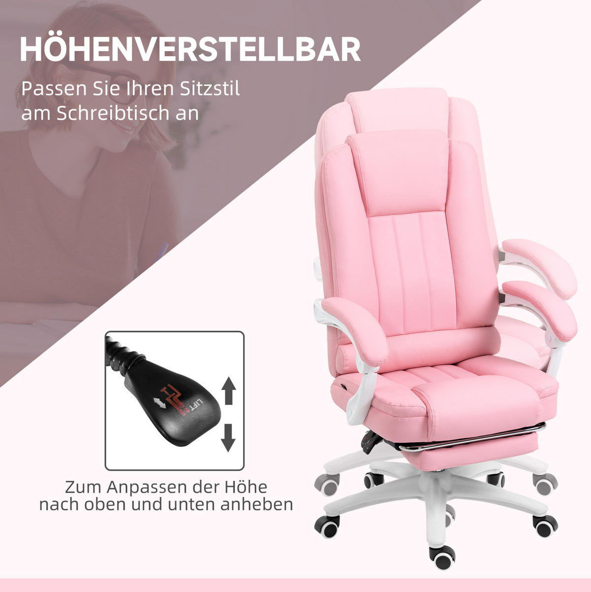 DREHSTUHL 65/68/107-116 cm rosa aus Kunstleder mit Fußstütze - Rosa, Kunststoff (68/116/65cm) - OKWISH