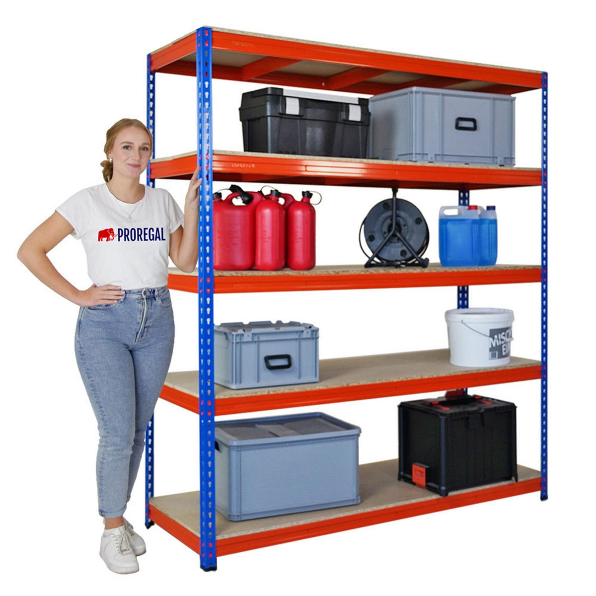 SCHWERLASTREGAL Bison 200x180x60 cm 5 Spanplatten-Ebenen 16mm Fachlast 600 kg Blau-Orange - Blau, Metall (180/200/60cm) - PROREGAL