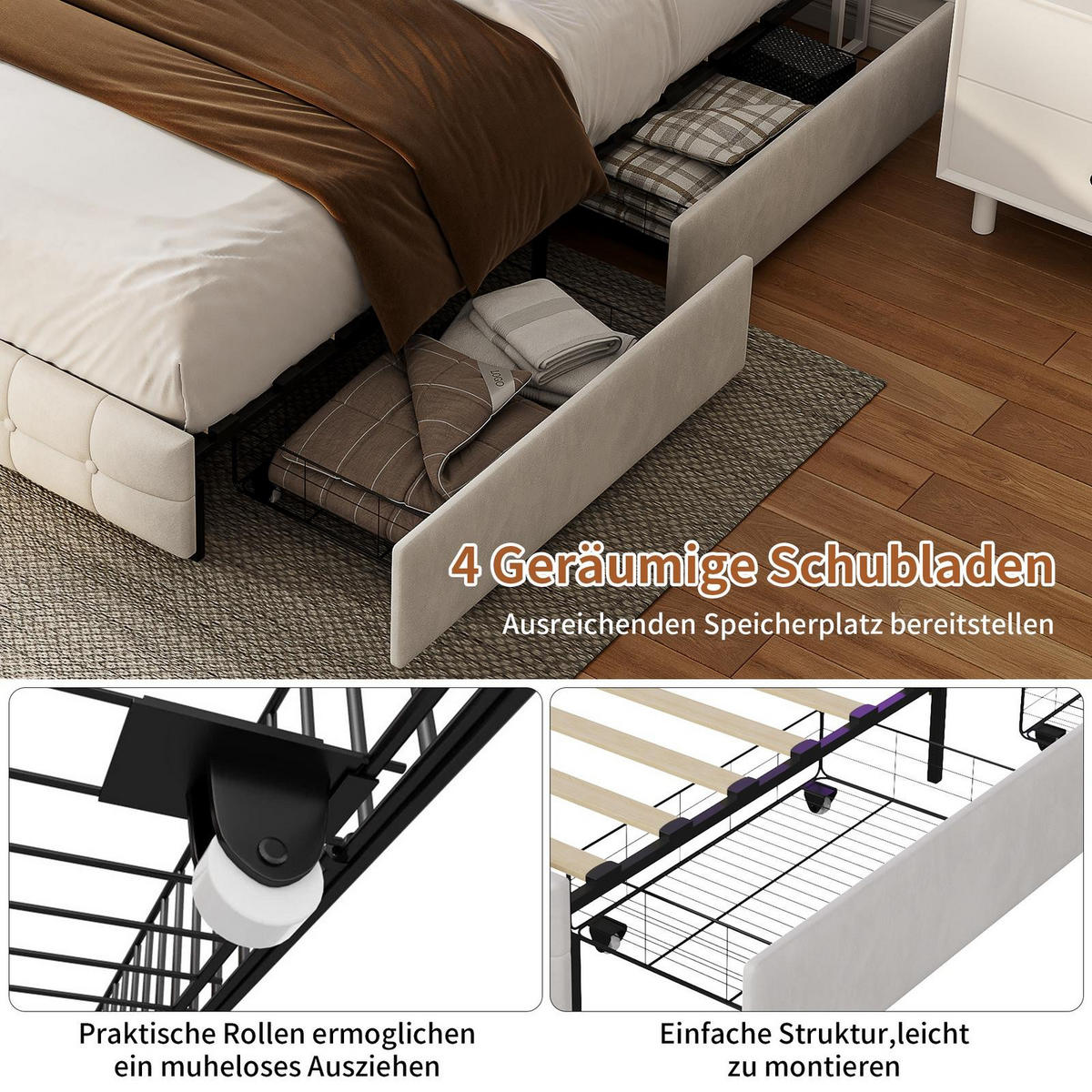 STAURAUMBETT 140/200 cm aus Samt, mit 4 seitlichen Schubladen + 2 Kopfteil-Schubladen, LED und USB-Anschluss, Beige - Beige, Holzwerkstoff (140/200cm) - Brevoria