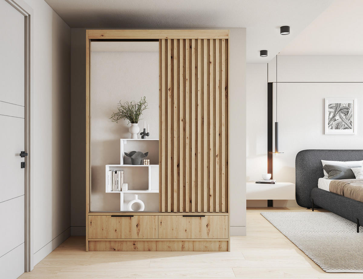 SCHIEBETÜRENSCHRANK - Schrank Yoga 120 mit Spiegel - Eiche Artisan - Schwarz/Eiche Artisan, Holzwerkstoff/Metall (120/204/60cm) - Möblo