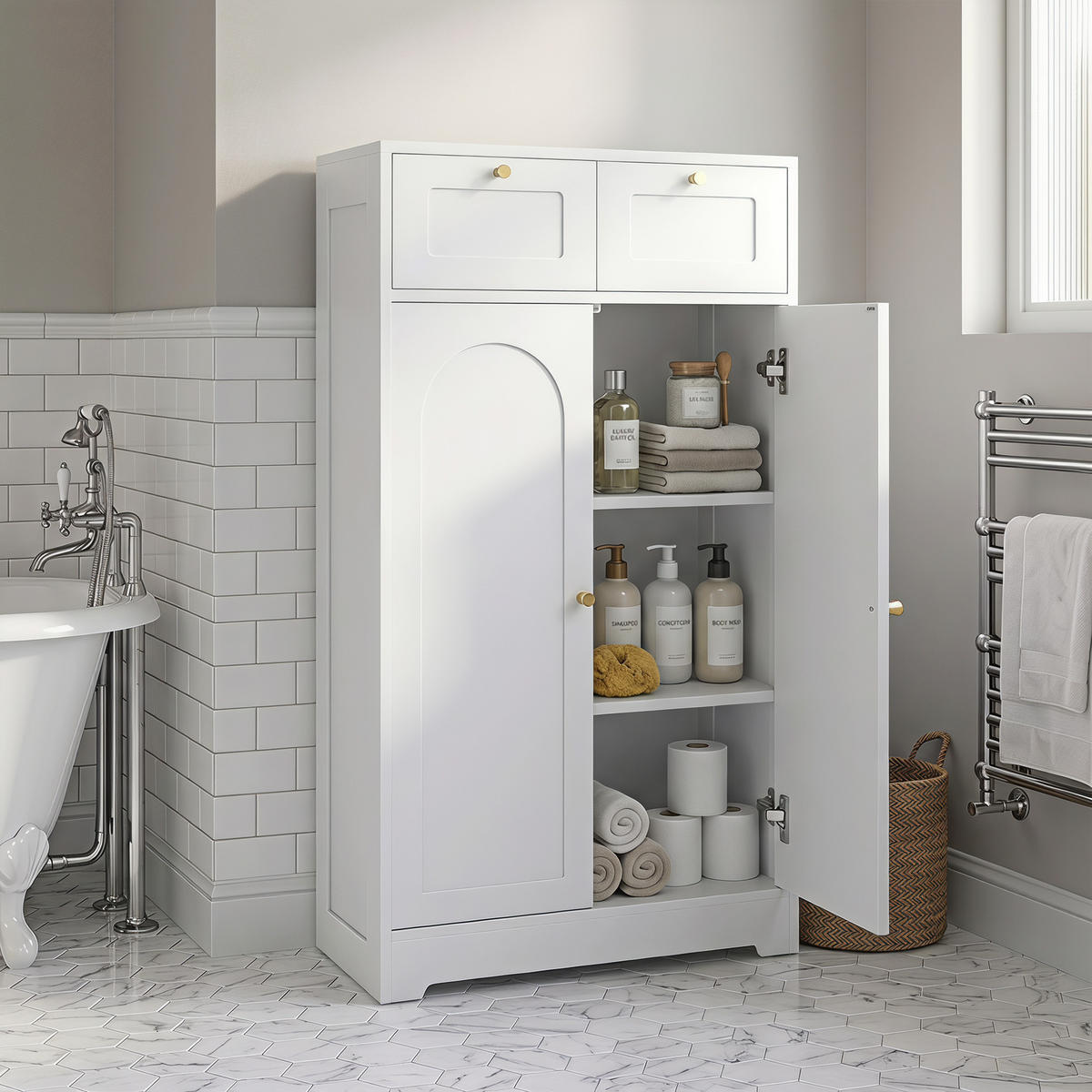 BADEZIMMERSCHRANK Spanplatte MDF Weiß - Goldfarben/Weiß, Holzwerkstoff/Metall (30/108/60cm) - HOMCOM