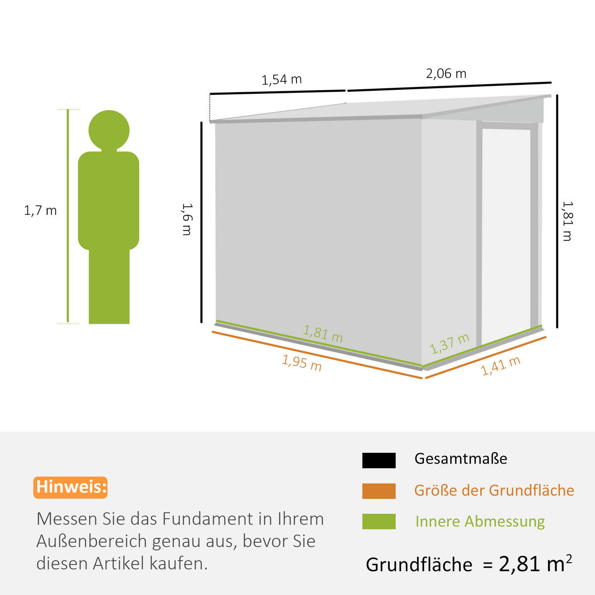 GERÄTEHAUS 2,81m² 154x206,5x181 cm mit Pultdach Fundament - Hellgrau, Metall (206.5/181/154cm) - Outsunny