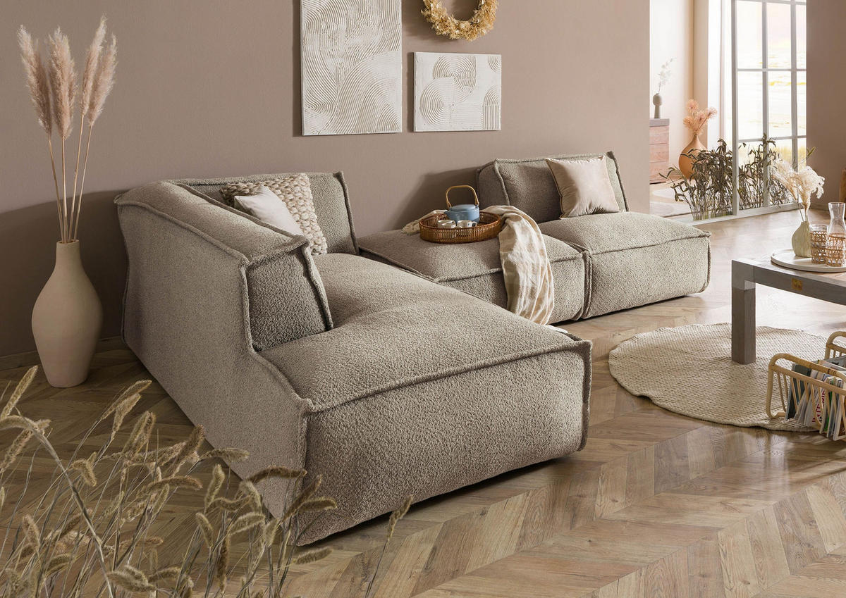 ECKSOFA inkl. Hocker 195x220x79 Polyester taupe RAVENNA. - Taupe, Kunststoff (195/220cm) - Massivmoebel24