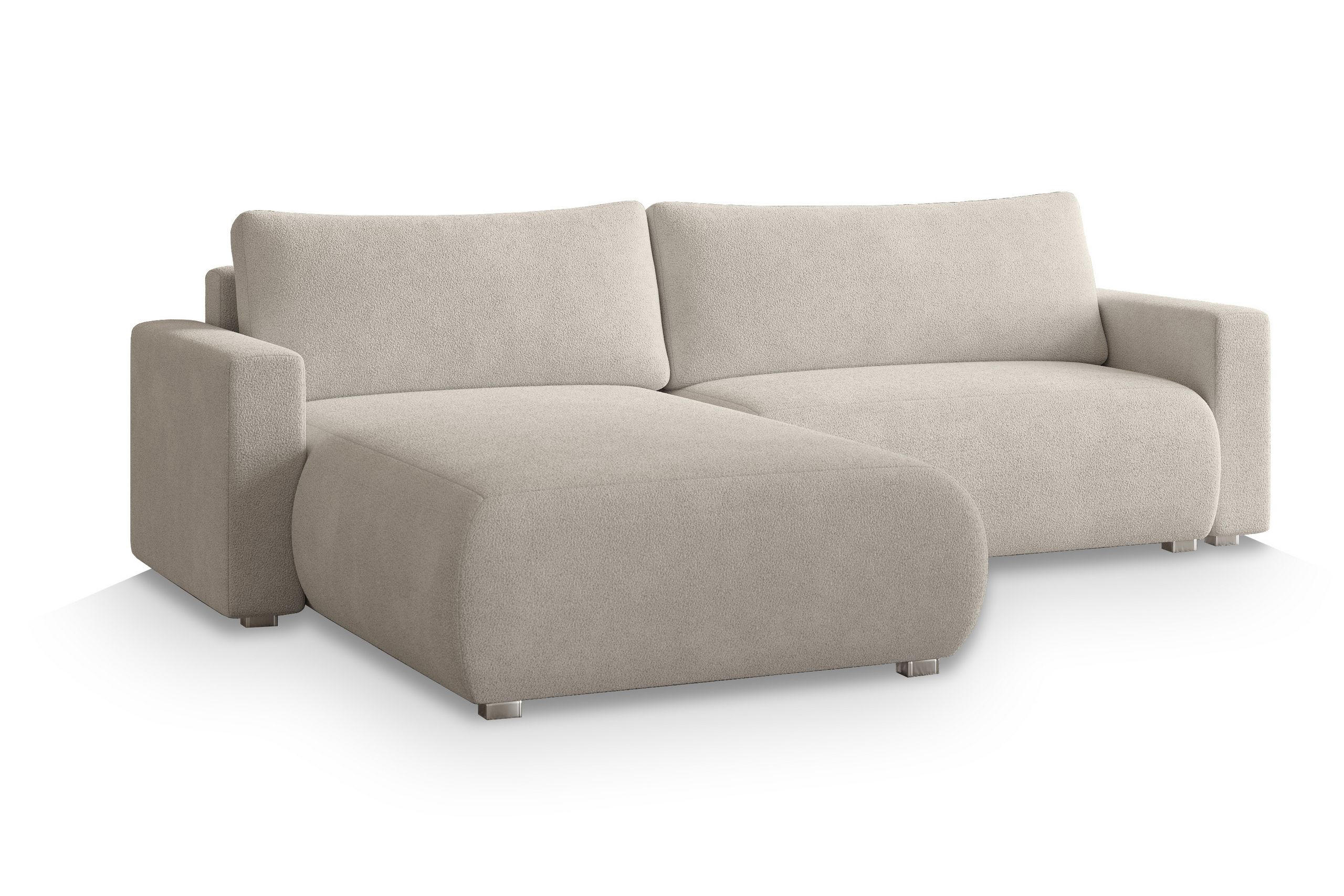 ECKSOFA TURIN N Creme Bucle-Stoff mit Schlaffunktion - Creme, Holz (265/183cm) - MASSENO