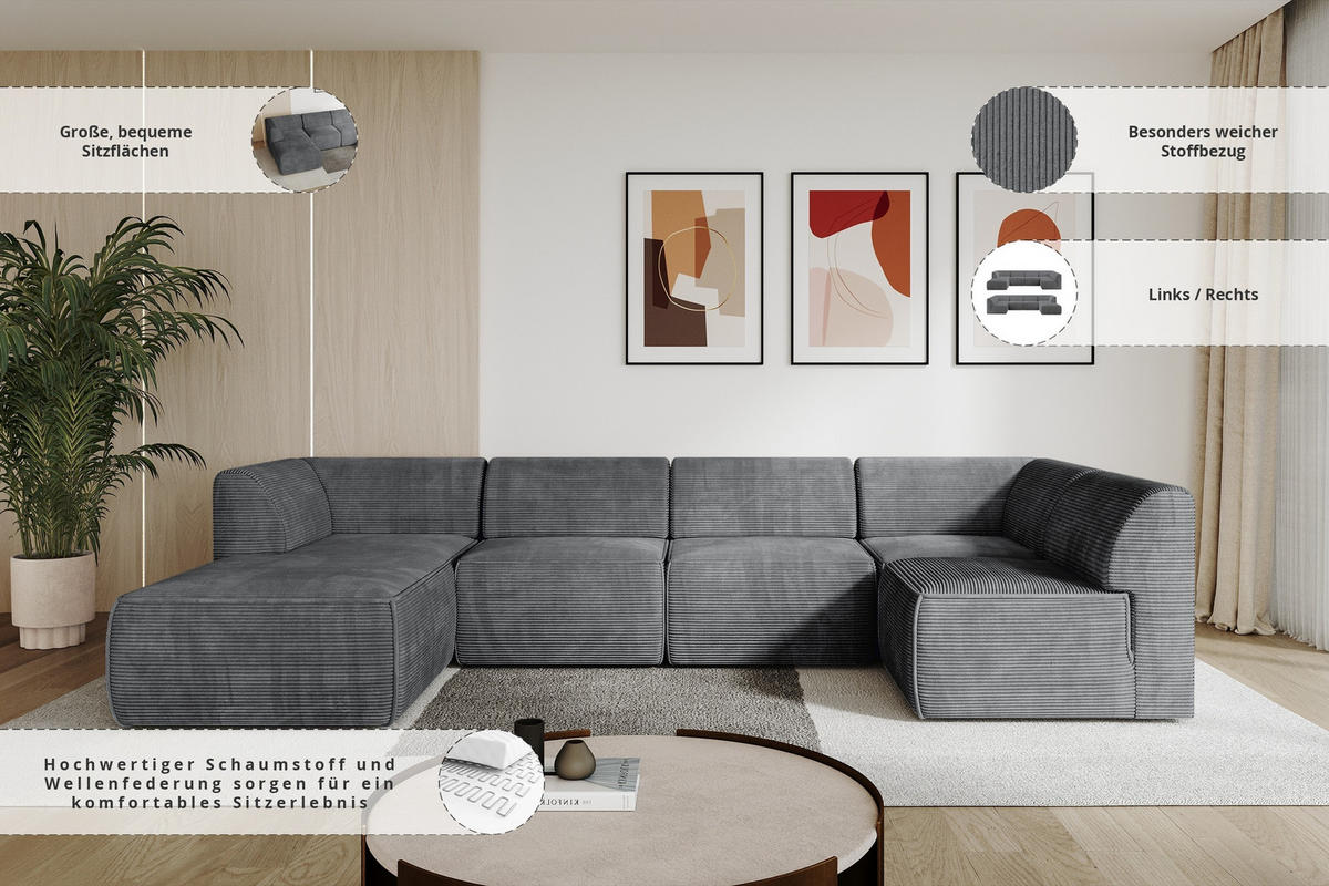 WOHNLANDSCHAFT Ottomane Links MOVA 345x180x78 Dunkelgrau Cord - Dunkelgrau/Anthrazit, Holzwerkstoff/Kunststoff (180/78/345cm) - ALTDECOR