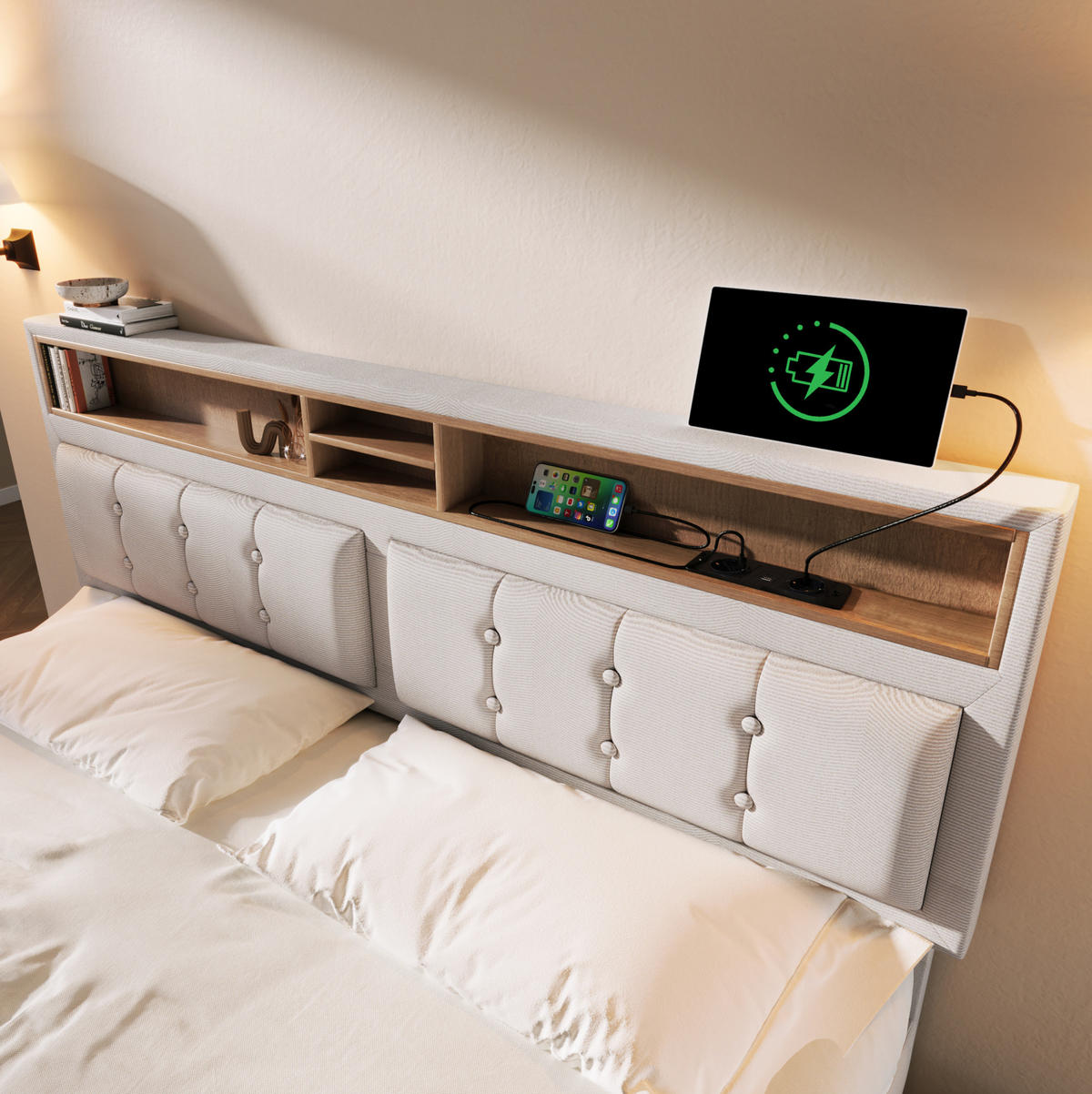 POLSTERBETT mit Stauraum und USB/Type-C 160x200 cm Leinen Beige - Beige, Metall (160/200cm) - Meubliv