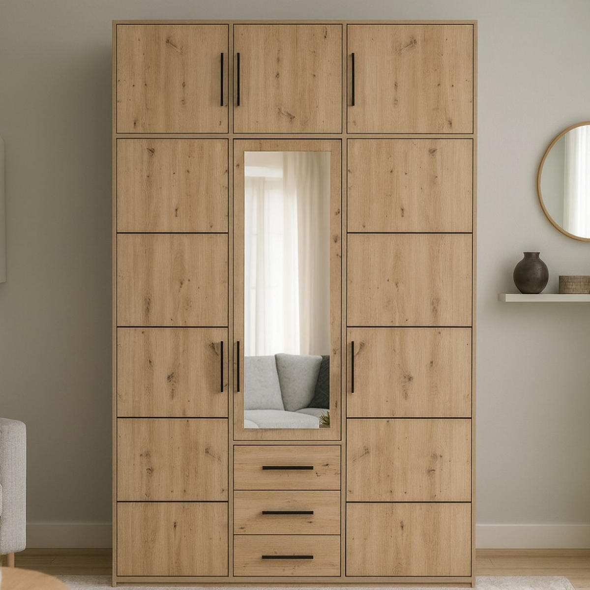 DREHTÜRENSCHRANK Kavo mit Aufsatz, Spiegel und 3 Türen, eiche Sonoma - Schwarz/Sonoma Eiche, Holzwerkstoff (150/245/58cm) - Beautysofa