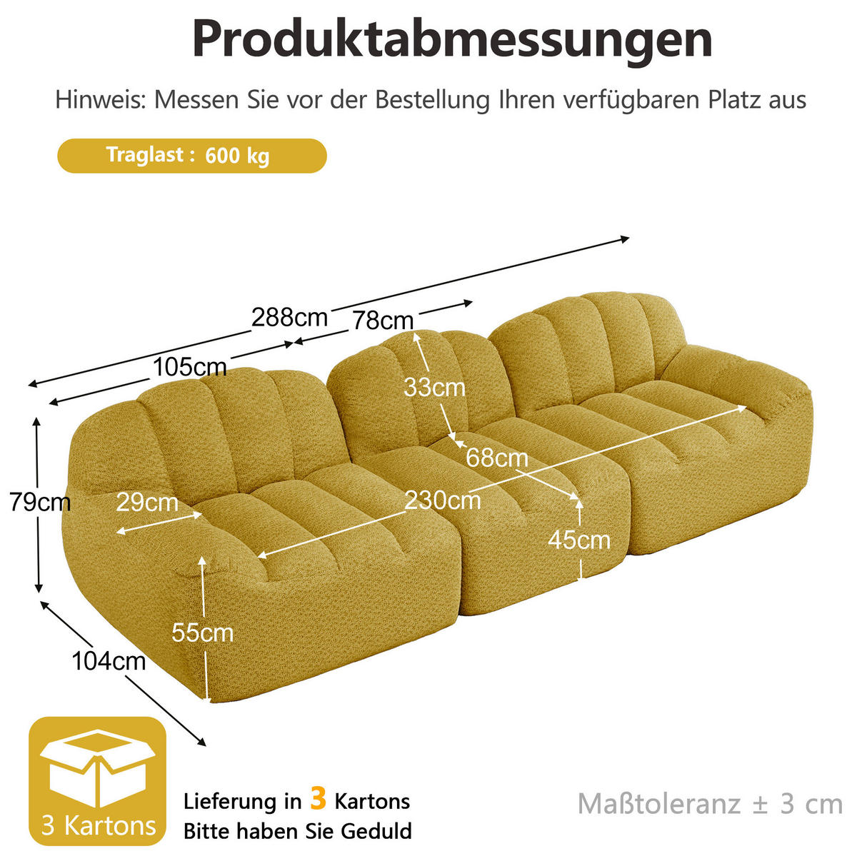 SOFA in Gelb mit breiter Sitzfläche und weichem Fleecebezug - Gelb, Textil (104/79/288cm) - Flora Grace