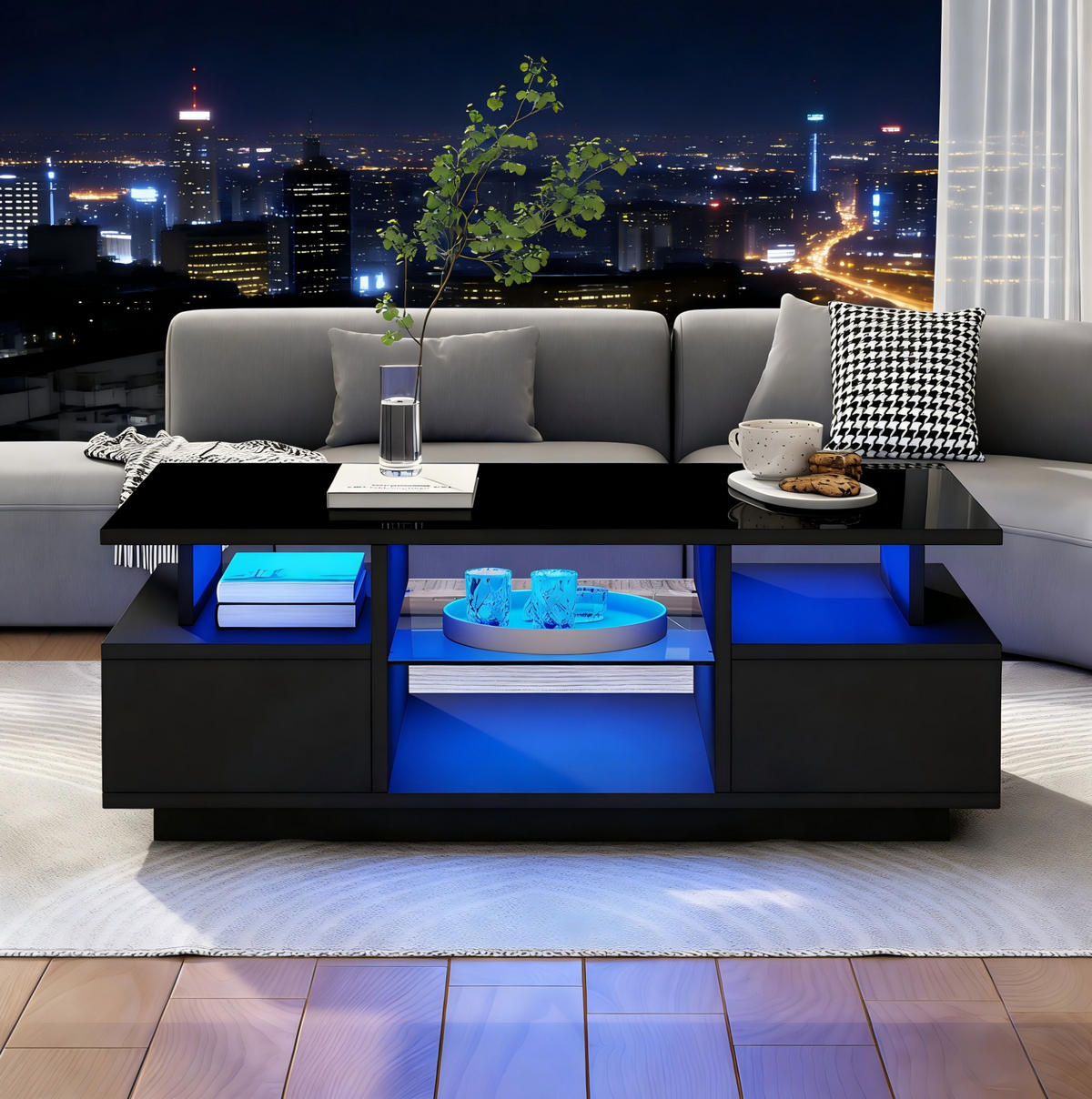 COUCHTISCH in Schwarz Kaffeetisch mit 2 Schubladen, LED & Glas, offener Stauraum, Hochglanz Sofatisch, B100/T50/H36cm - Schwarz, Holzwerkstoff/Metall (50/100/36cm) - STILVORA