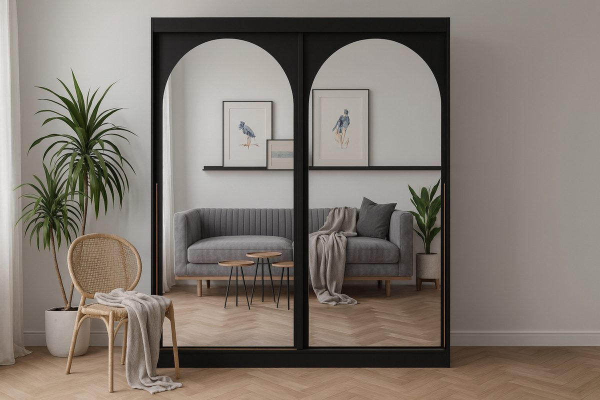 SCHIEBETÜRENSCHRANK MOSSA 200 / 215 / 65 cm in Schwarz / Gold - Goldfarben/Schwarz, Holzwerkstoff (200/215/65cm) - Deine Möbel 24