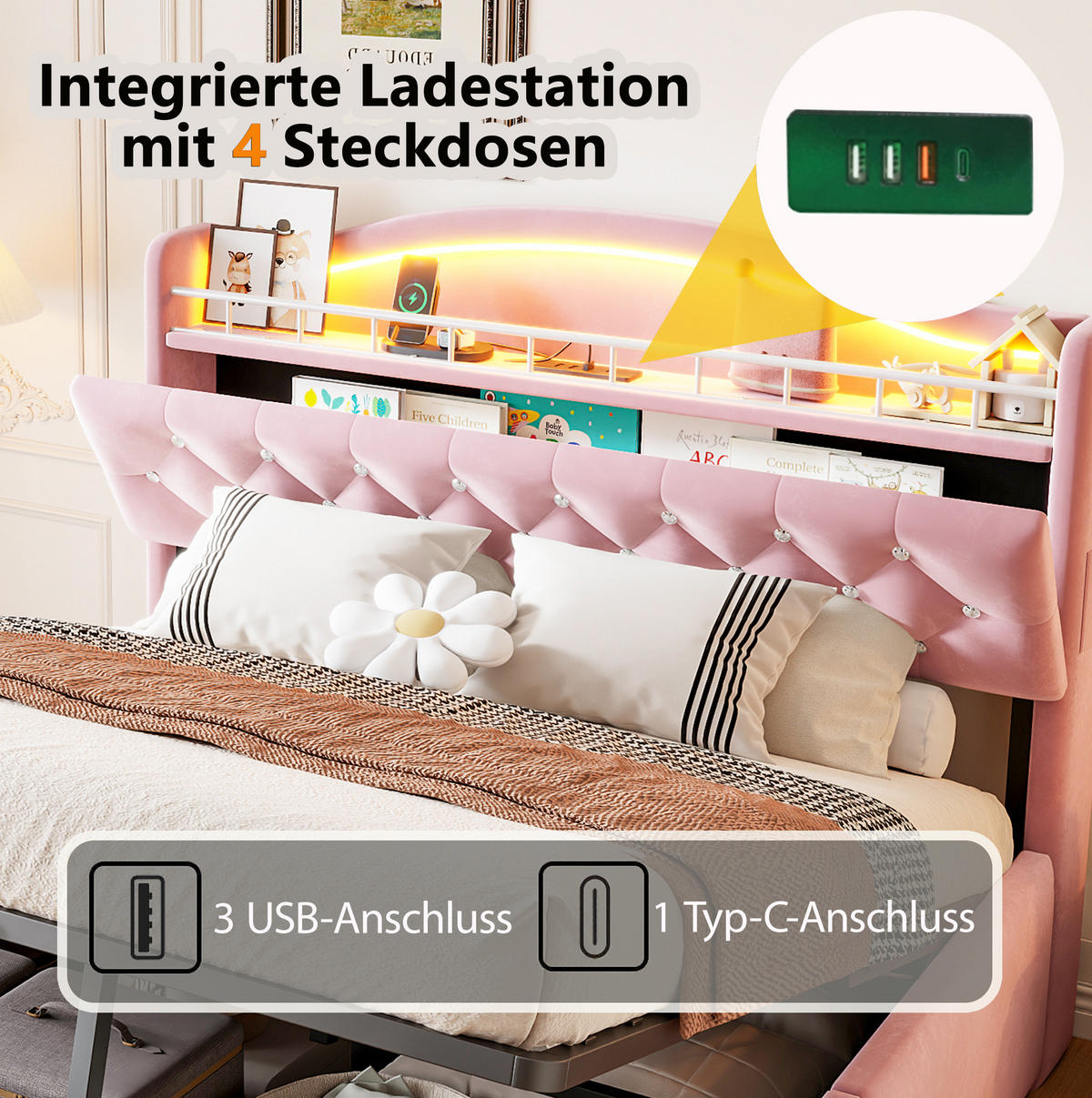 POLSTERBETT 180x200 cm in Rosa mit LED-Kopfteil, USB-/USB-C-Anschlüssen und Bettkasten - Pink, Textil (180/200cm) - IVMEU