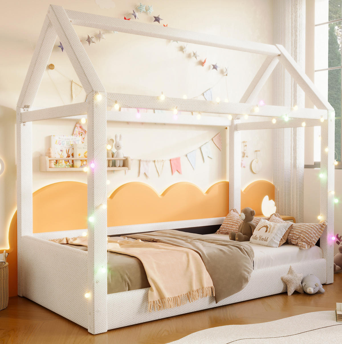POLSTERBETT 90/200 cm Beige Hausbett mit LED-Beleuchtung - Beige, Textil (90/200cm) - OKWISH