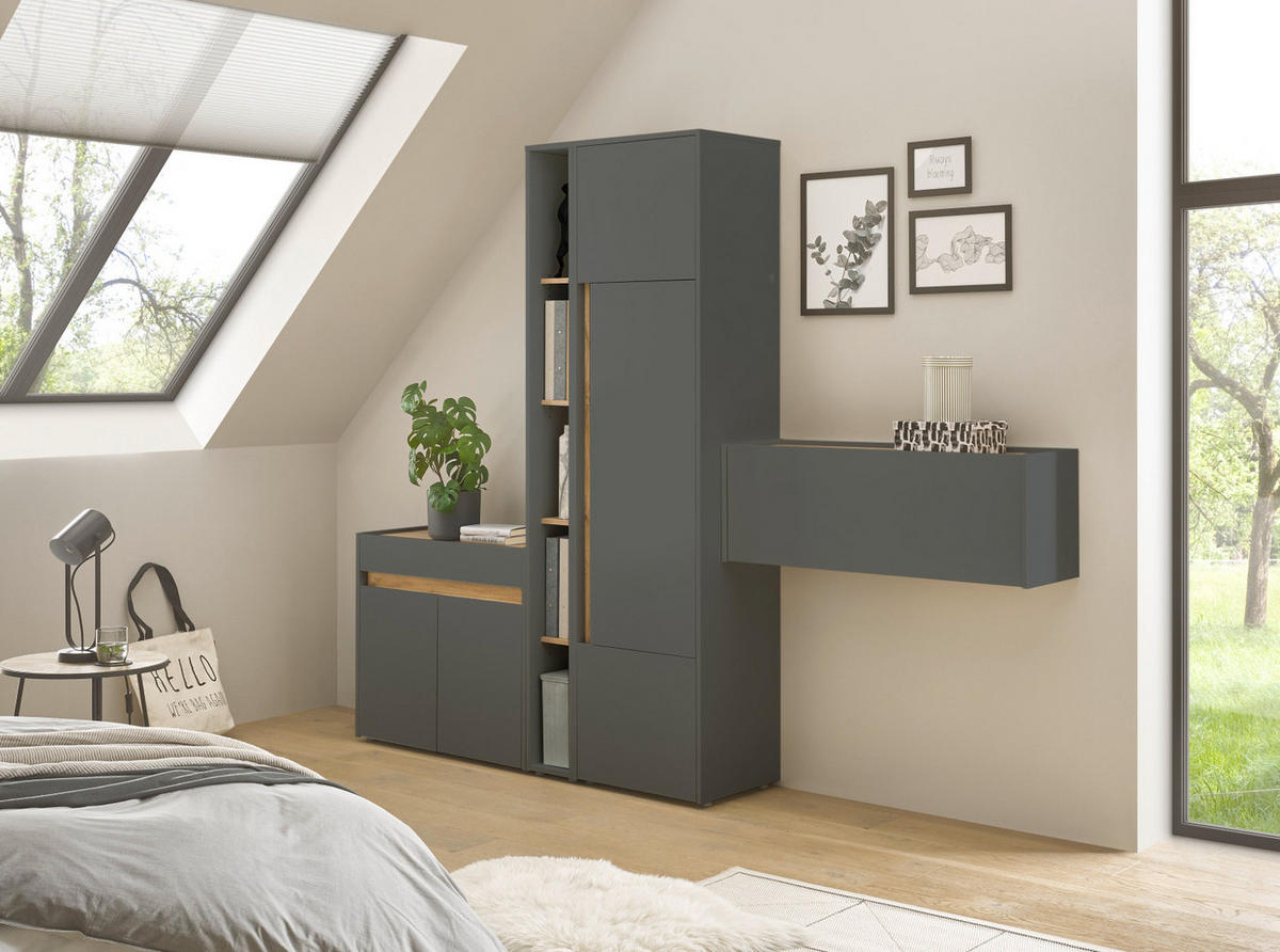 AKTENSCHRANK Set 4-teilig grau matt, Eiche Wotan 250 cm, Büromöbelkombination mit Sekretär und viel Stauraum - Eiche Wotan/Schwarz, Holzwerkstoff/Kunststoff (250/200/40cm) - Furn.Design
