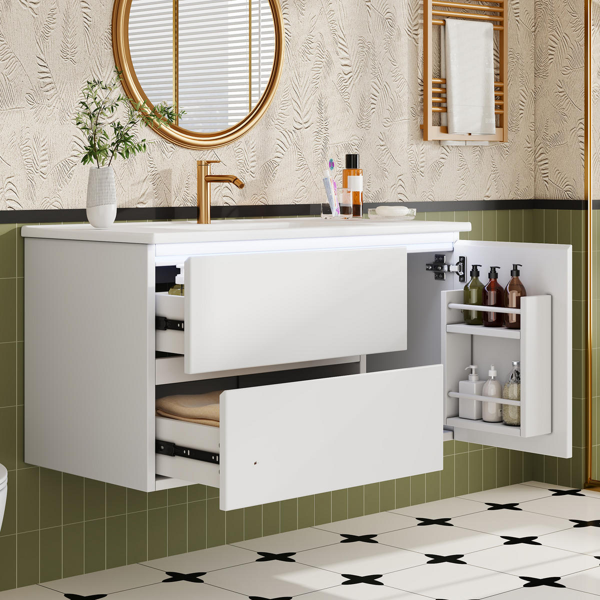 WASCHTISCHUNTERSCHRANK 91x46.5x50.5 cm Weiß aus Keramik & Spanplatte mit Radarsensor-LED & 2 Schubladen - Weiß, Holzwerkstoff (91/50.5/46.5cm) - Modfu