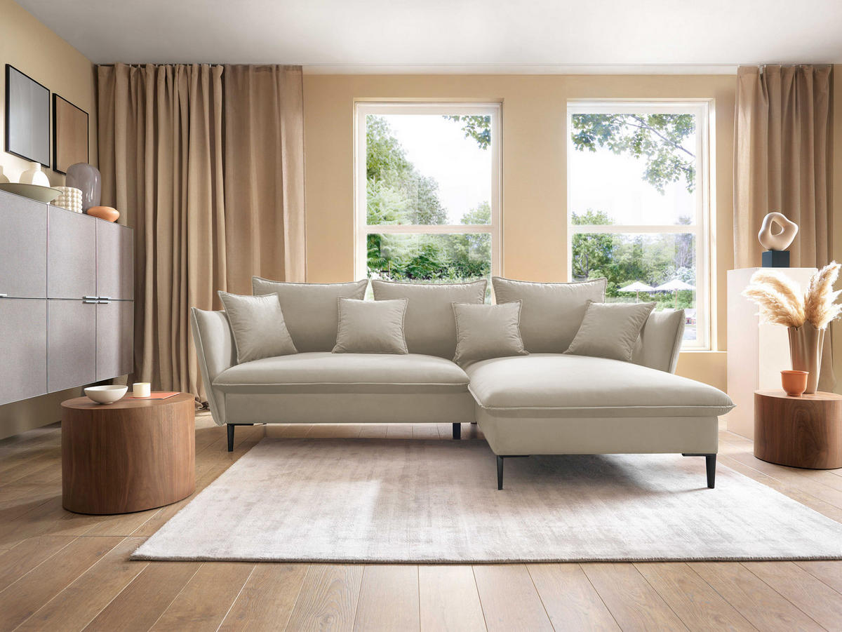 ECKSOFA GLOSS mit Schlaffunktion, Ottomane & goldenen Füßen – Samtsofa im GLOSSour-Stil mit Zierkissen, 258x167x91 cm, Rechte, PLATINUM - Grün, Holz/Textil (258/167cm) - DomoHome