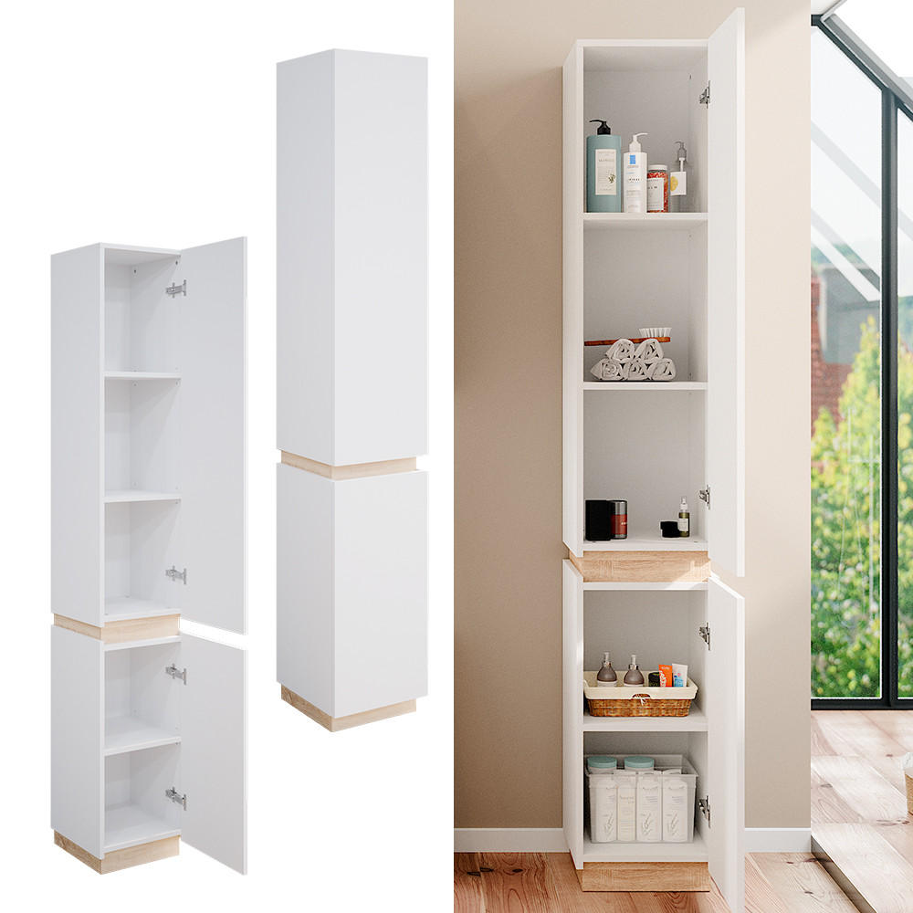 BADSCHRANK Gloria Weiß 33 x 197.5 cm mit 2 Türen - Weiß/Sonoma Eiche, Holzwerkstoff (33/197.5/35cm) - Vicco