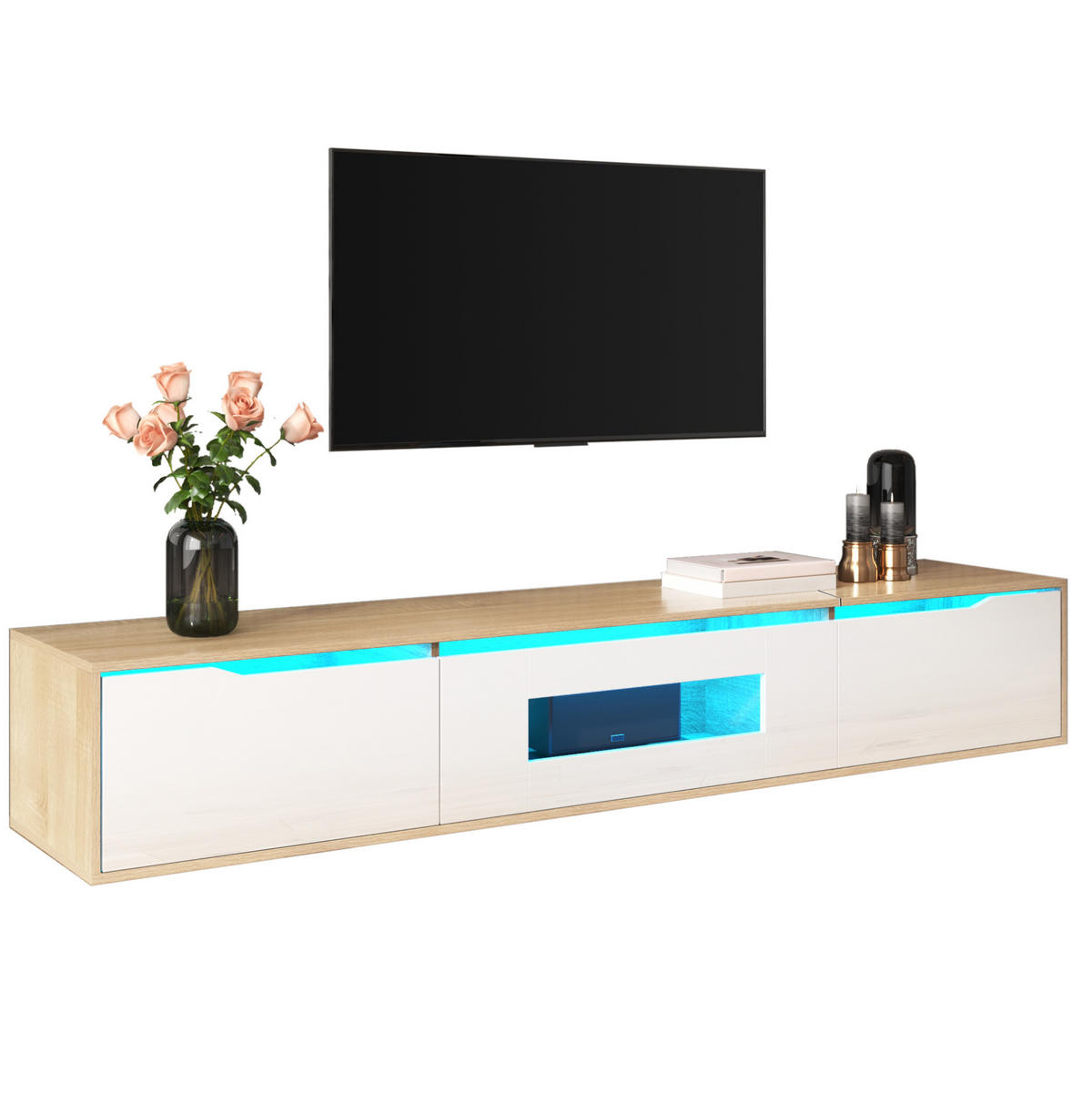 LOWBOARD 180/35/30 cm in Weiß Hochglanz mit LED-Beleuchtung - Weiß, Holzwerkstoff (180/30/35cm) - Flora Grace