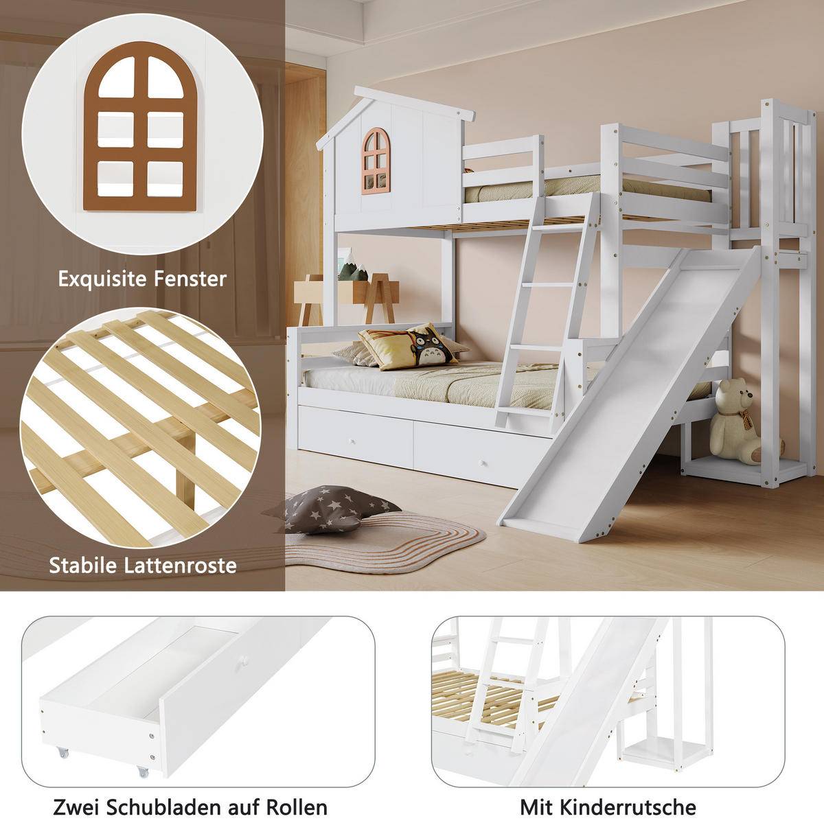 ETAGENBETT 90/200 & 120/200 cm Weiß mit Rutsche und 2 Schubladen - Weiß, Holz (90/200cm) - Flora Grace