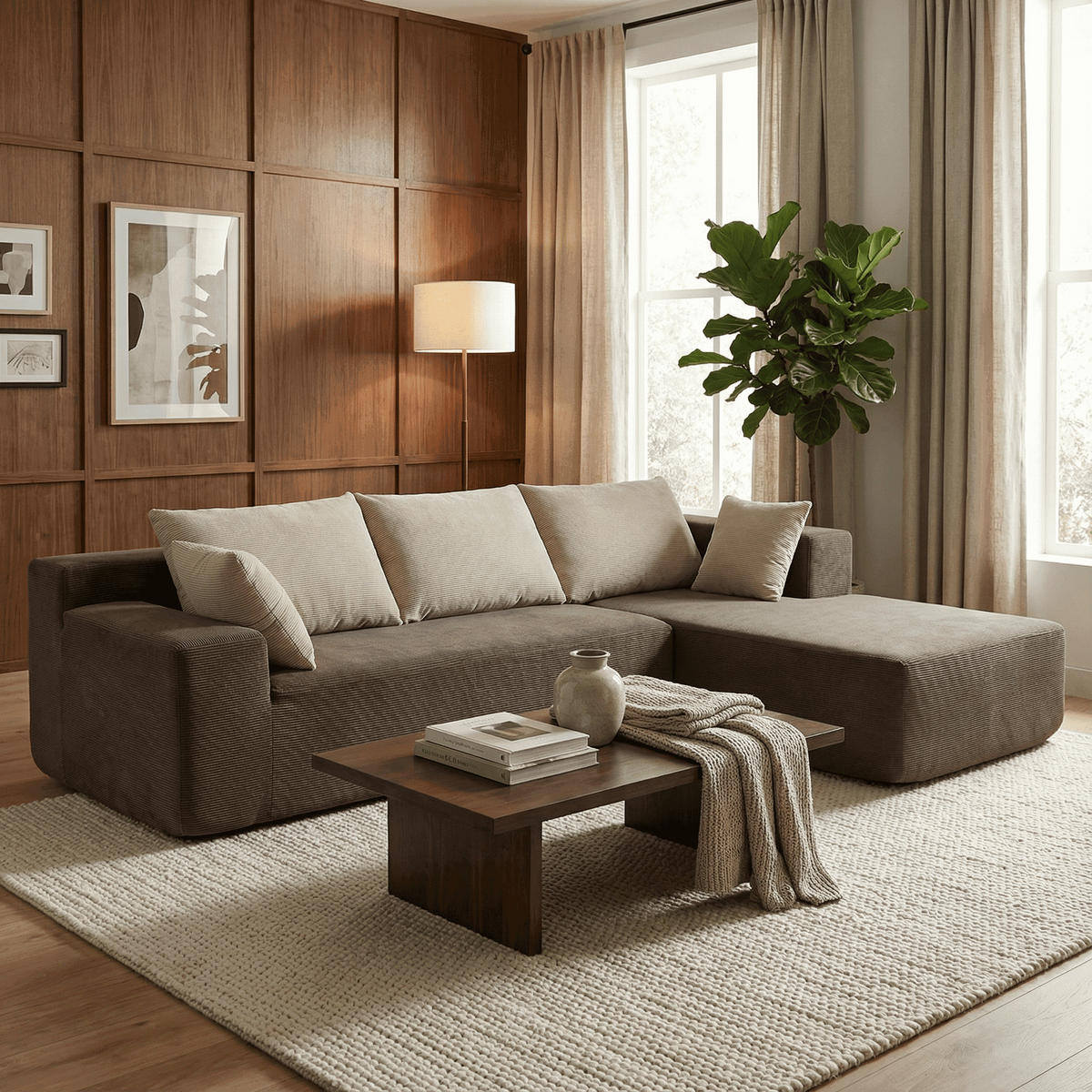ECKSOFA Luna Braun Sand 3-Sitzer Rechts - Braun, Textil (267/175cm) - COCO Living