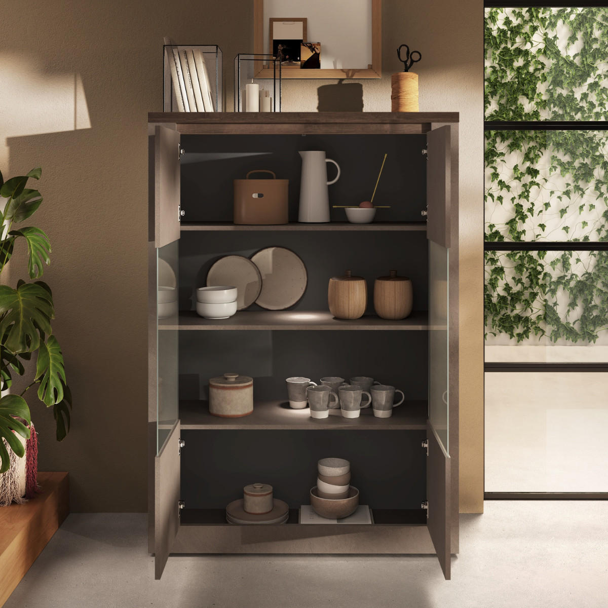 VITRINE mit 2 Türen 3 Regalen aus Holz in Bronze und Quecksilberoptik 43/114/160 cm - Braun, Holzwerkstoff (43/160/48cm) - Calicosy