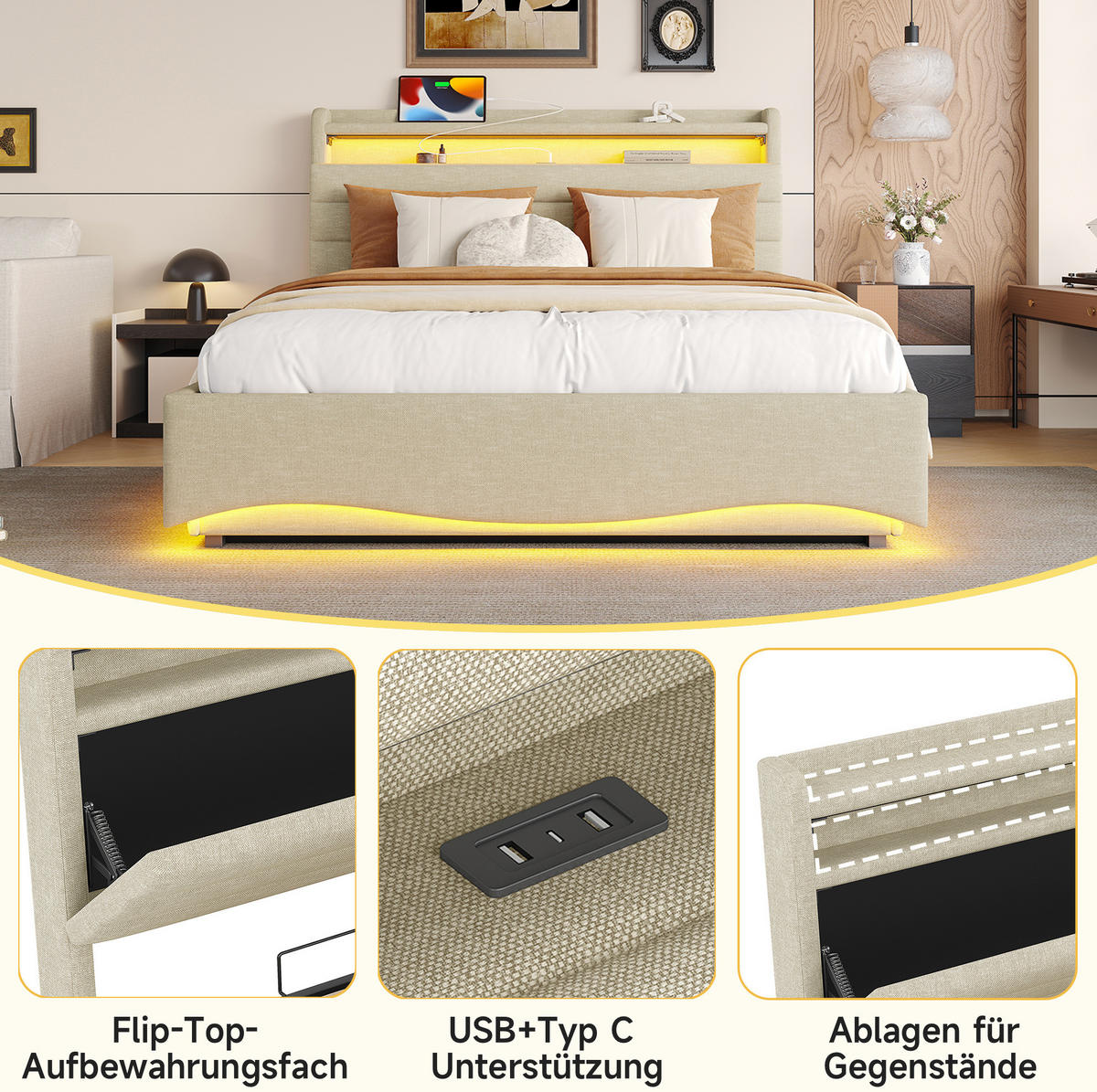 ČALÚNENÁ posteľ z ľanu 140x200 cm sivá s LED osvetlením, hydraulickým úložným priestorom, USB a USB-C - sivá, textil (140/200cm) - Modfu