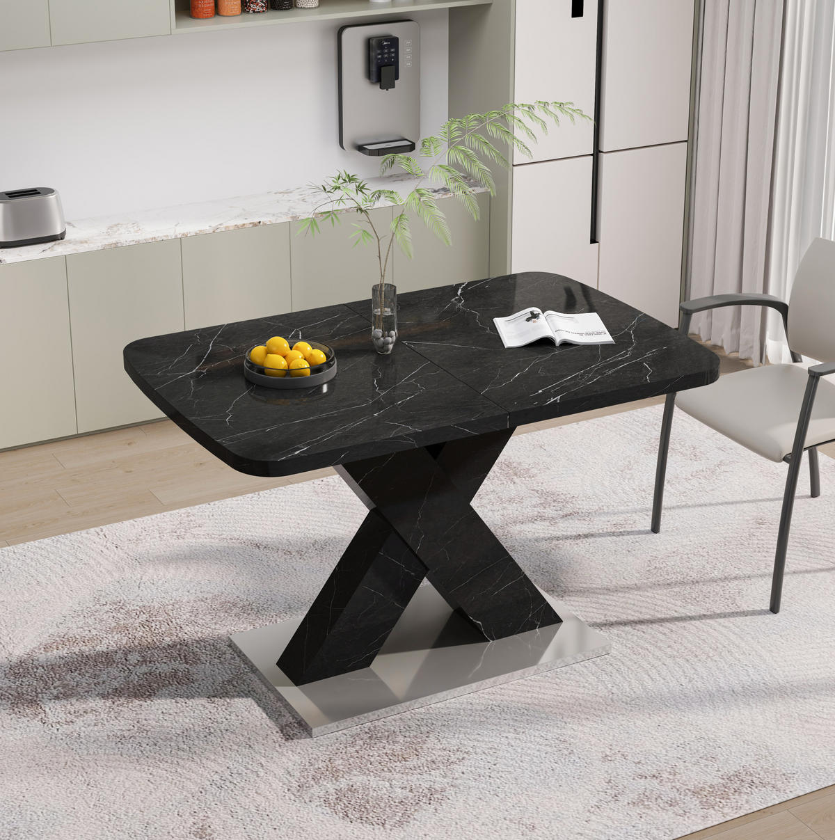 ESSTISCH aus MDF und Stahl 120-160x80x76,5 cm Schwarz ausziehbar mit Marmoroptik und X-Gestell - Schwarz, Holzwerkstoff (160/80/76.5cm) - Modfu